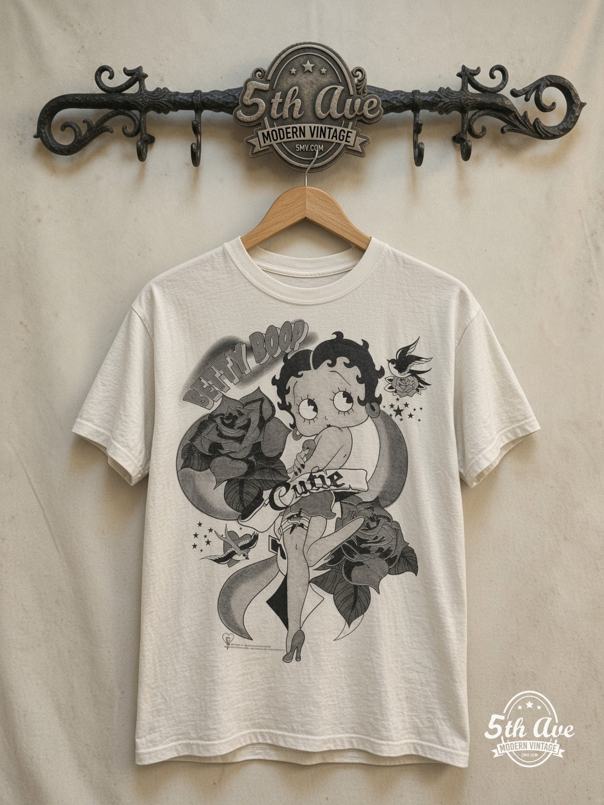 Betty Boop Cutie Tattoo Roses White graphic tee in white, front view on a display rack