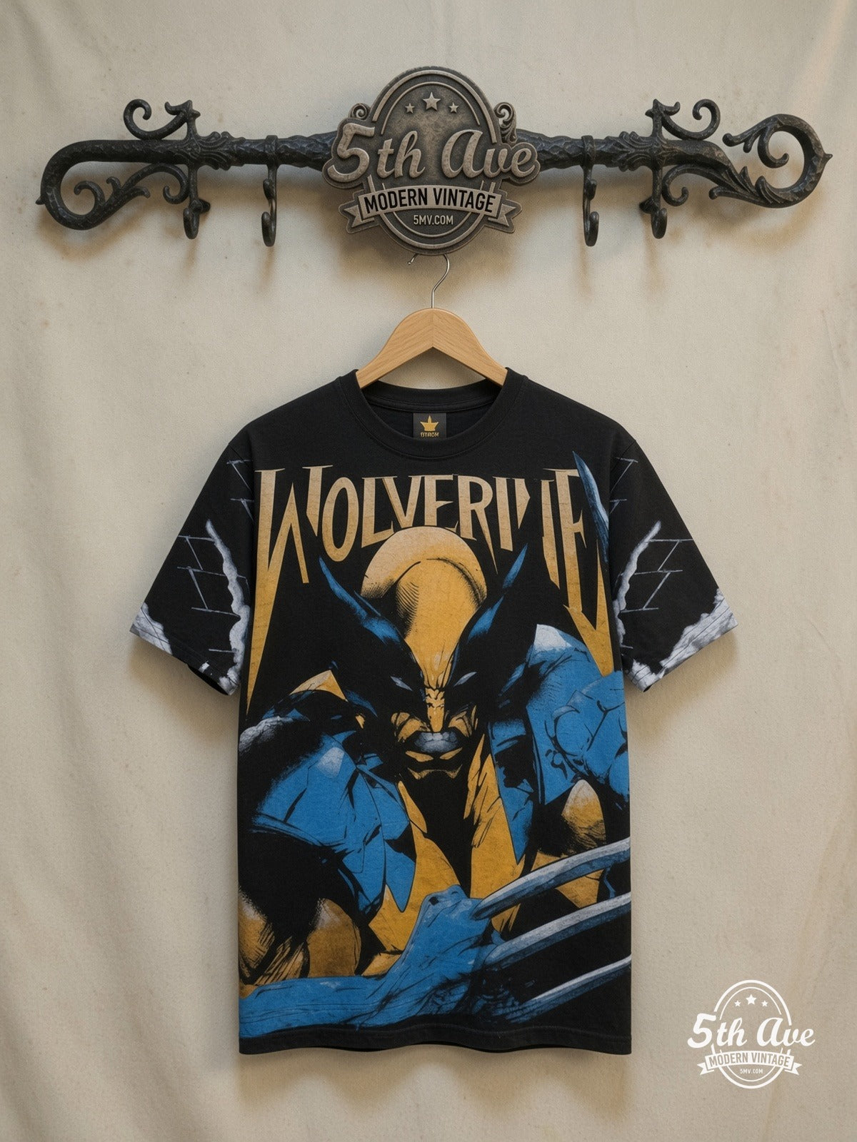 Wolverine All Over Print T-Shirt — front on locked cream ornate 5th Ave rack