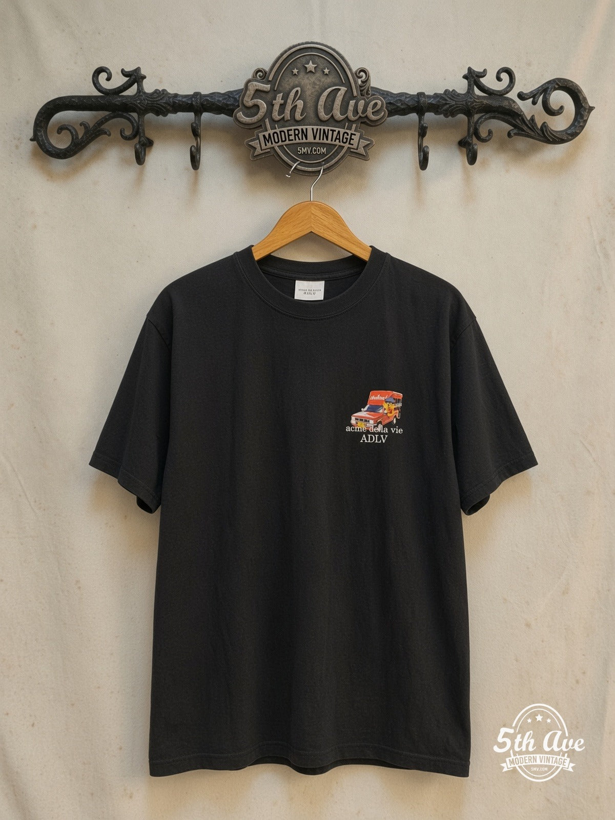 Acmé de la vie – Red Mini Bus Thailand – Vintage Graphic Tee — front on locked cream ornate 5th Ave rack