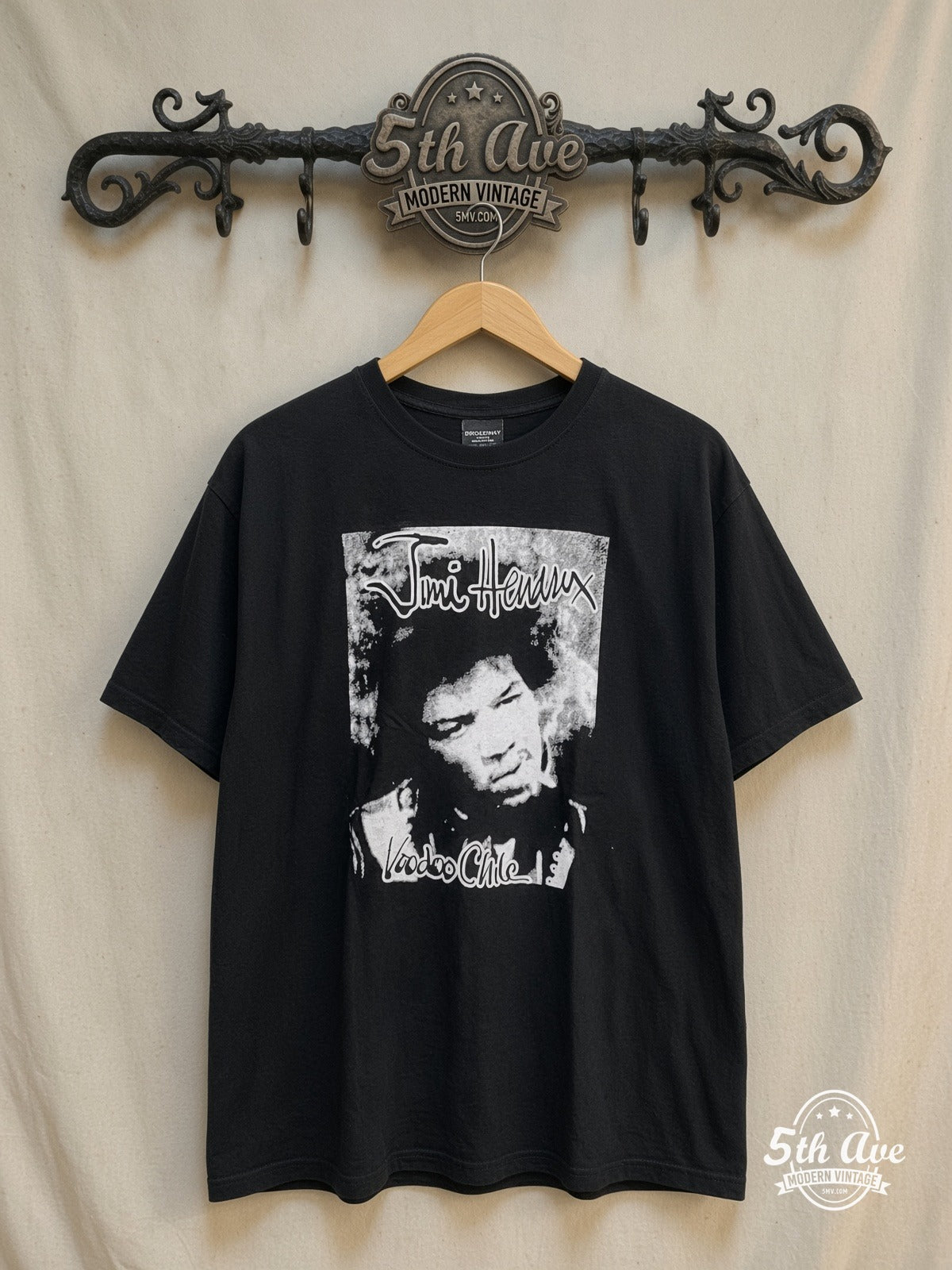 Jimi Hendrix Voodoo Child – Vintage Band T-Shirt — front on locked cream ornate 5th Ave rack