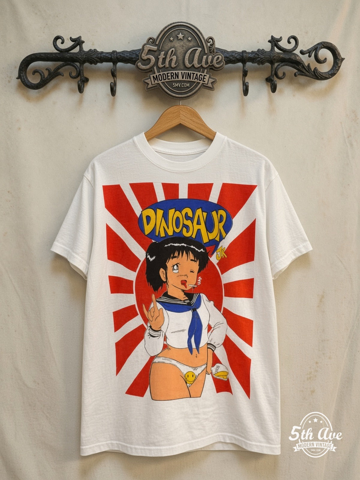 Dinosaur Jr. – Dinosaur Jr. Graphic – Vintage Band T-Shirt — front on locked cream ornate 5th Ave rack