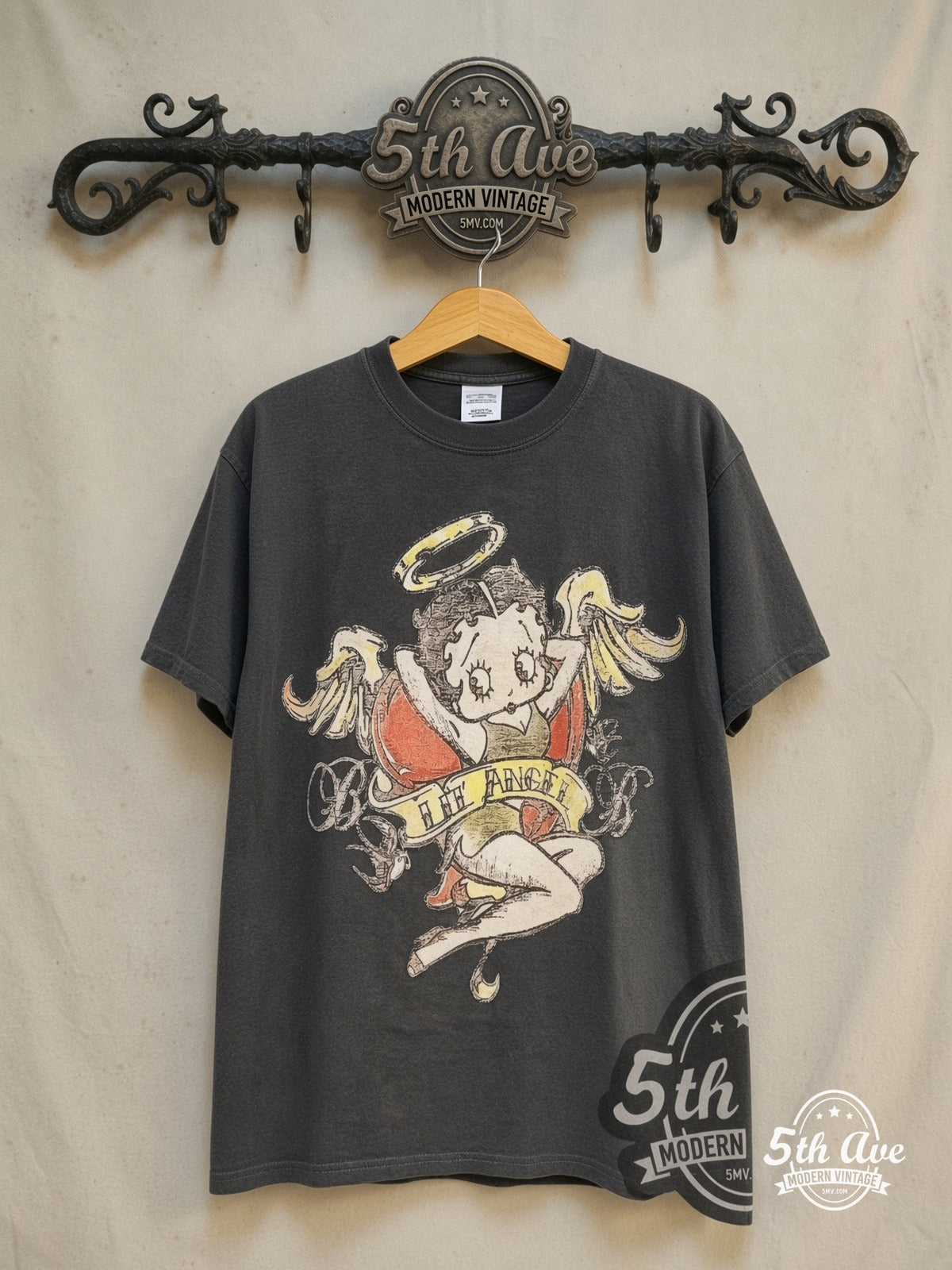 Betty Boop – Street Angel – New Vintage Graphic Tee — front on locked cream ornate 5th Ave rack