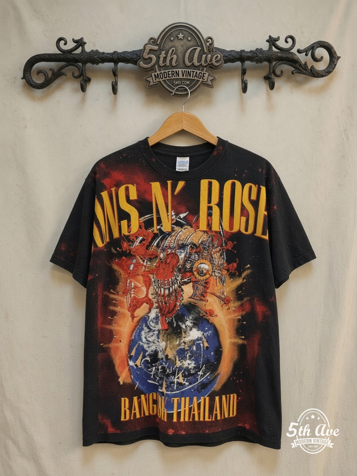 Guns N' Roses – Bangkok World Tour 2025 – All Over Print – Vintage Band T-Shirt — front on locked cream ornate 5th Ave rack