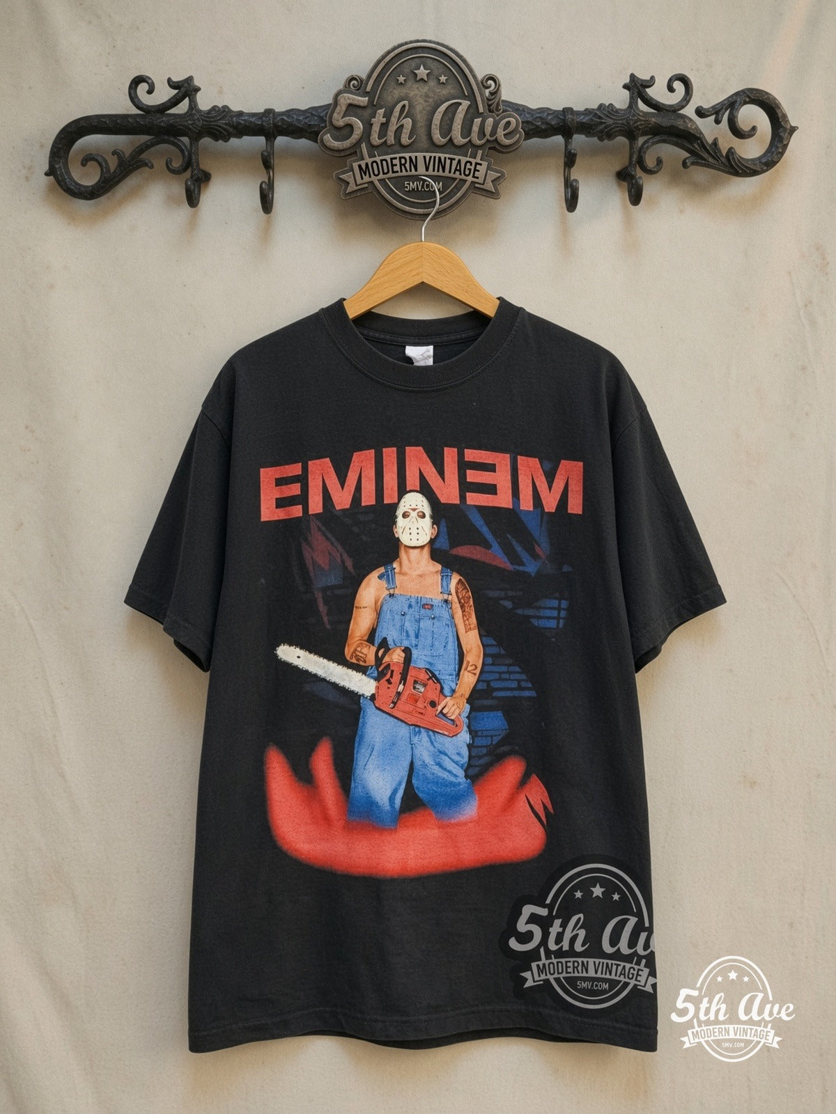 Eminem – Anger Management Tour [European Tour 2001] "EMINƎM – Vintage Band T-Shirt — front on locked cream ornate 5th Ave rack