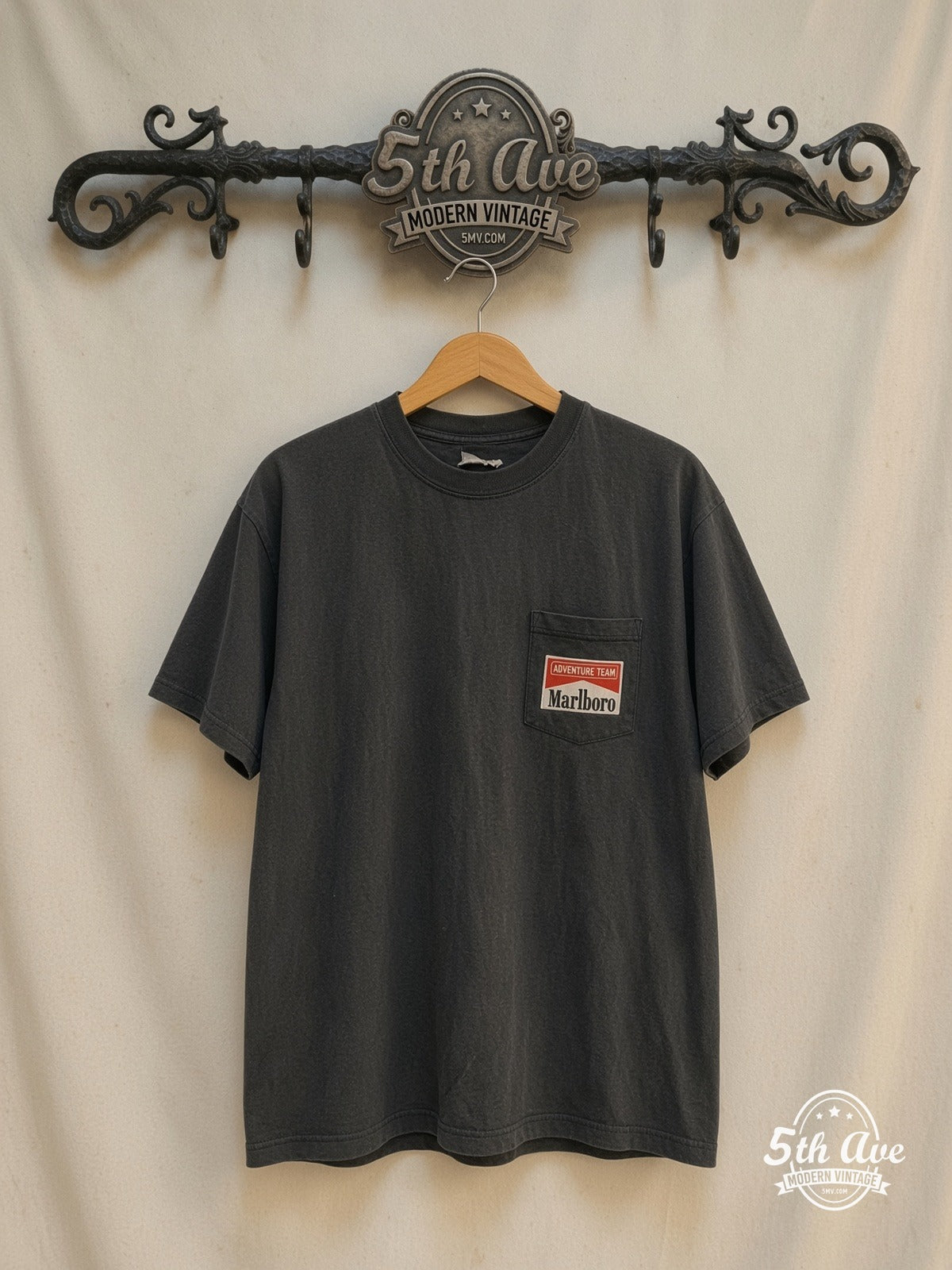 Marlboro Adventure Team – Vintage Graphic Tee — front on locked cream ornate 5th Ave rack