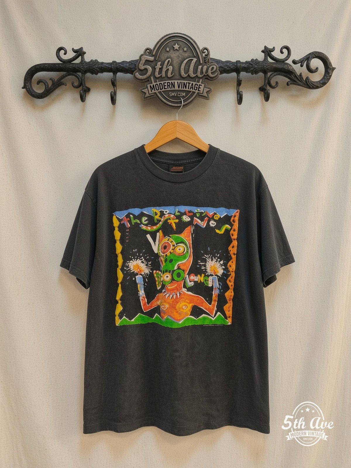 The Rolling Stones – Voodoo Lounge World Tour 1994 – Vintage Band T-Shirt — front on locked cream ornate 5th Ave rack