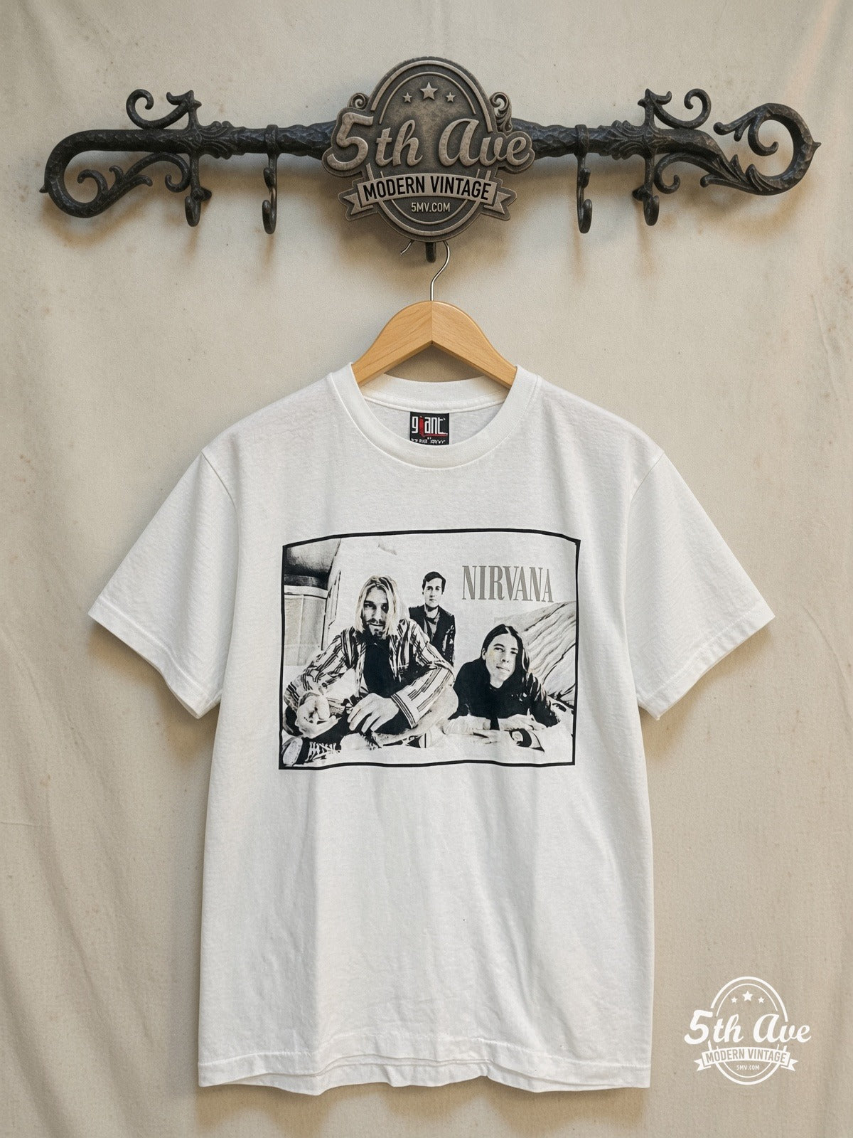 Nirvana – Band Photo Kurt Plaid Portrait – Vintage Band T-Shirt — front on locked cream ornate 5th Ave rack