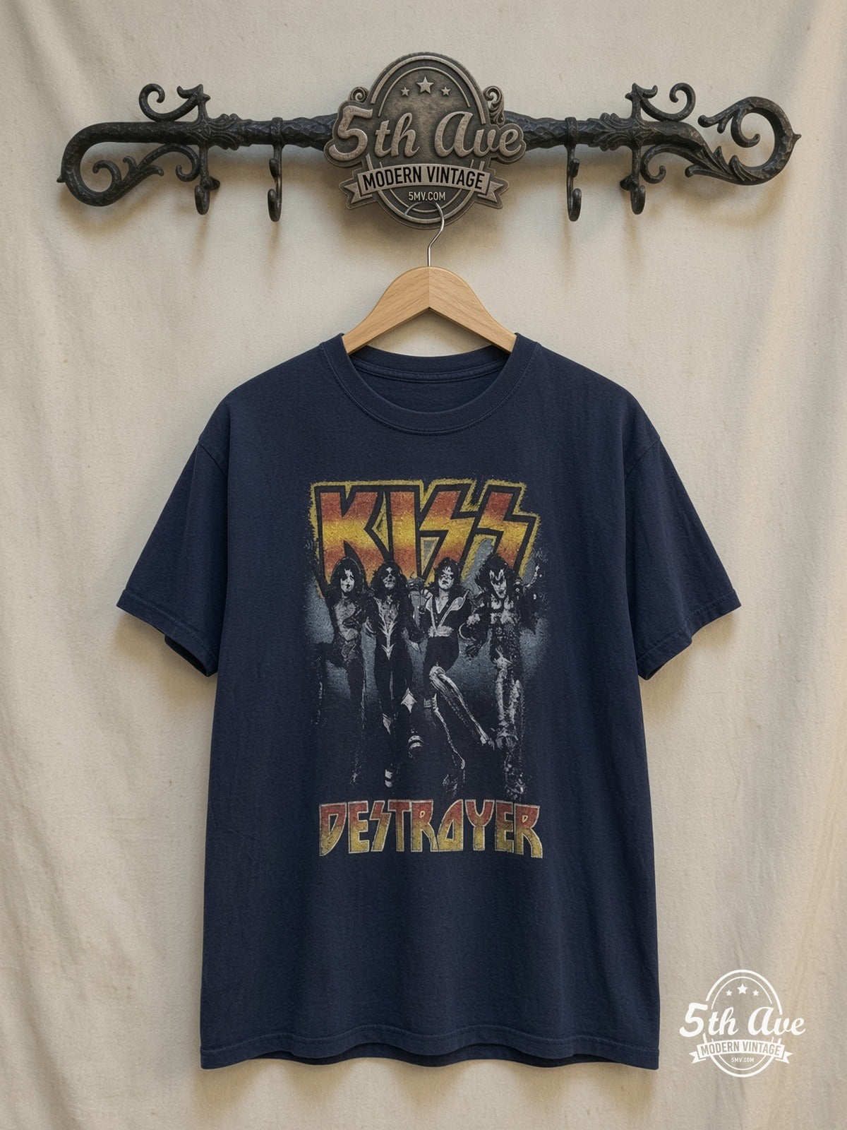 KISS – Destroyer – Vintage Band T-Shirt — front on locked cream ornate 5th Ave rack