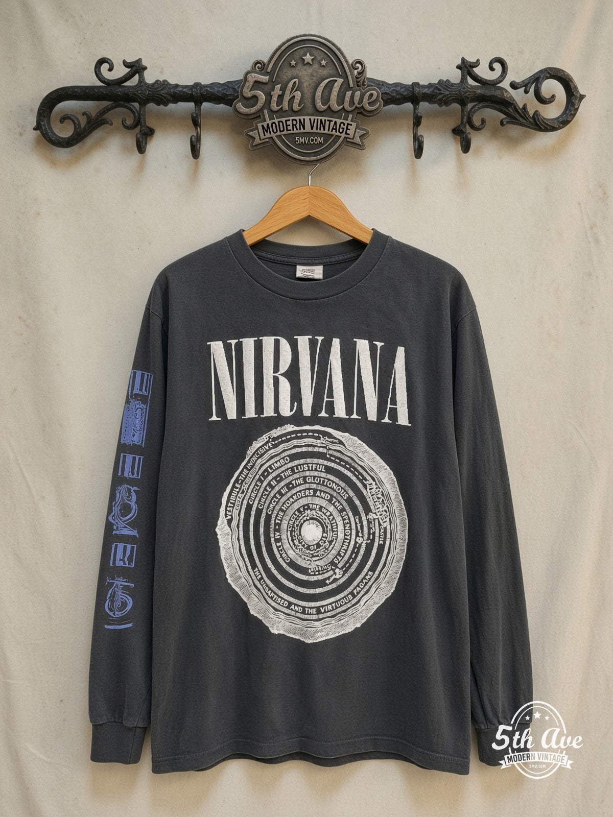 Nirvana – Circles of Hell Long Sleeve Blue Prints – Vintage Band T-Shirt — front on locked cream ornate 5th Ave rack