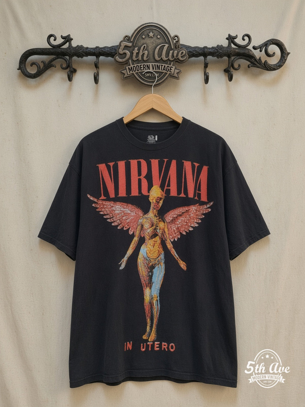 Nirvana – In Utero Red Logo Pink Wings Angel – Vintage Band T-Shirt front on locked cream ornate 5th Ave rack