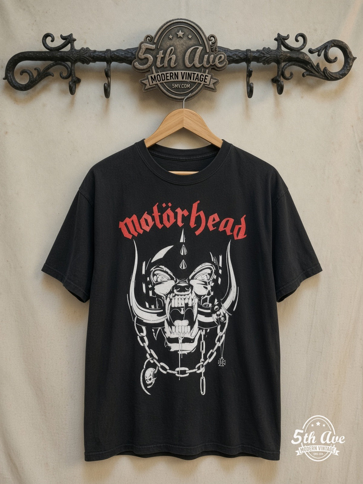 Motörhead – Snaggletooth Red Logo and Chains – Vintage Band T-Shirt — front on locked cream ornate 5th Ave rack