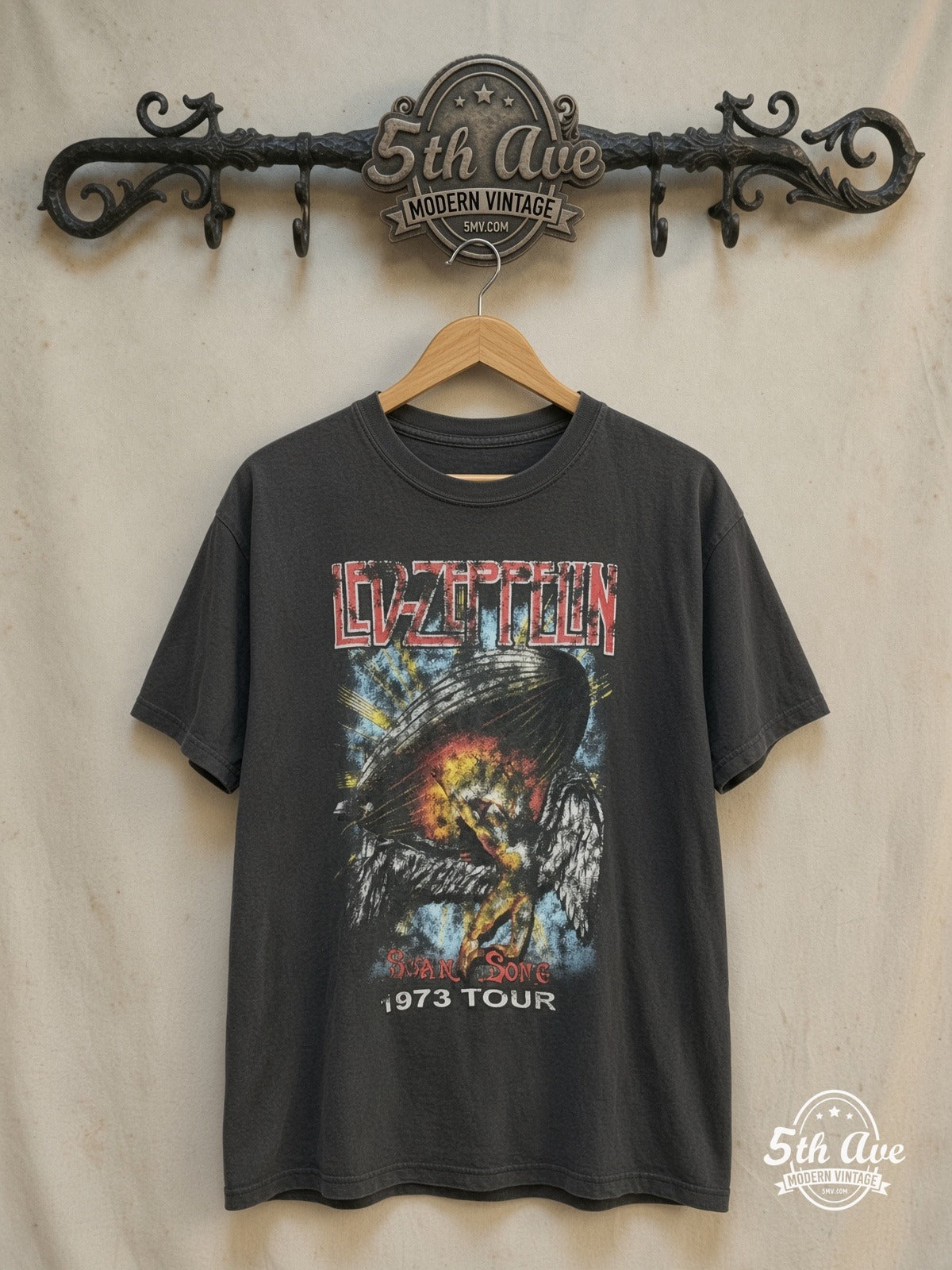 Led Zeppelin – Swan Song U.S. Tour 1973 – Vintage Band T-Shirt — front on locked cream ornate 5th Ave rack