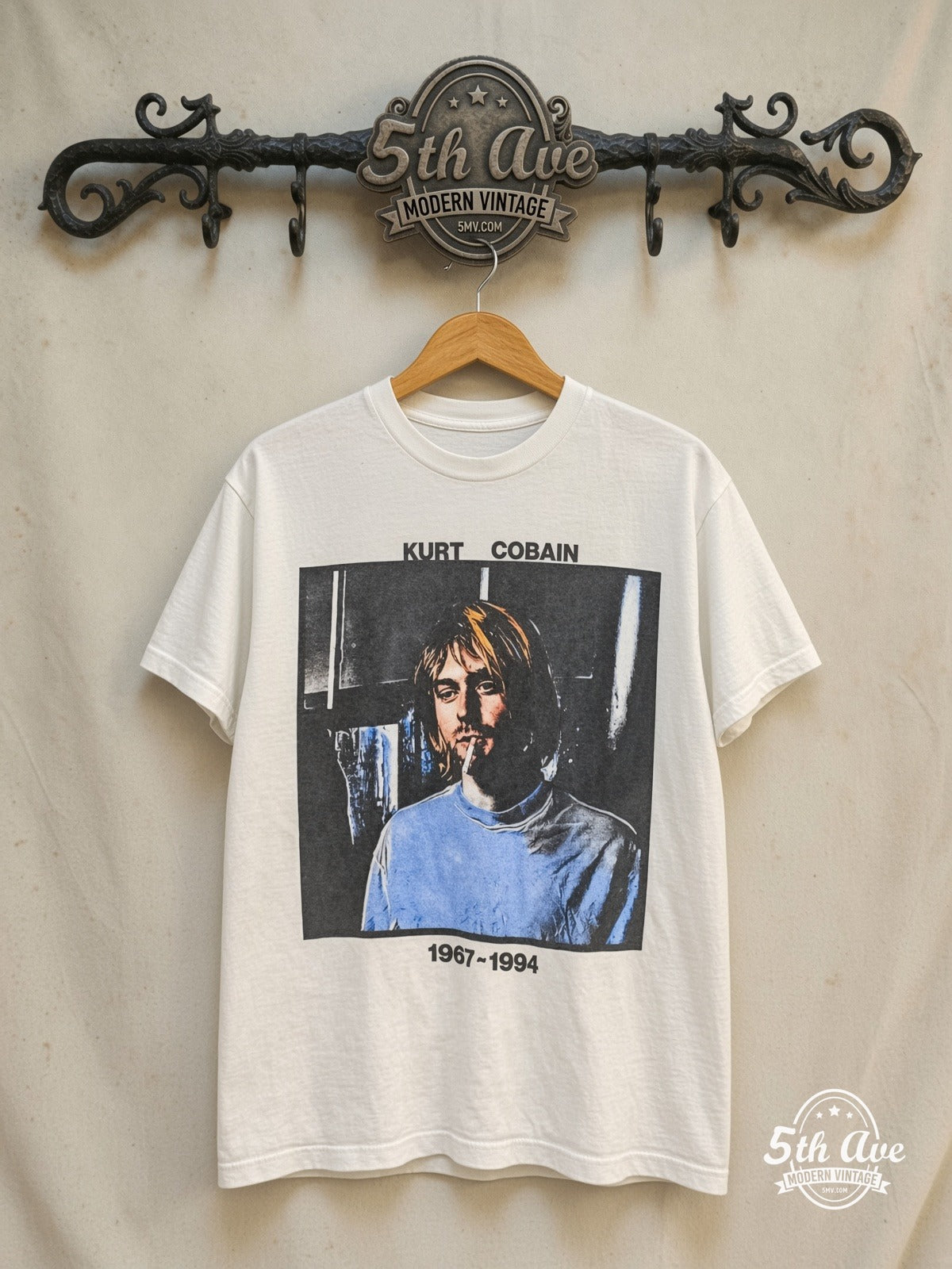 Nirvana – 1964-1994 Tribute – Vintage Band T-Shirt — front on locked cream ornate 5th Ave rack