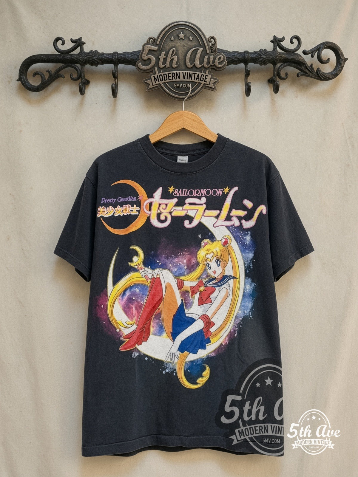 Sailor Moon – Eight Sailor Guardians – New Vintage Anime Tee — front on locked cream ornate 5th Ave rack