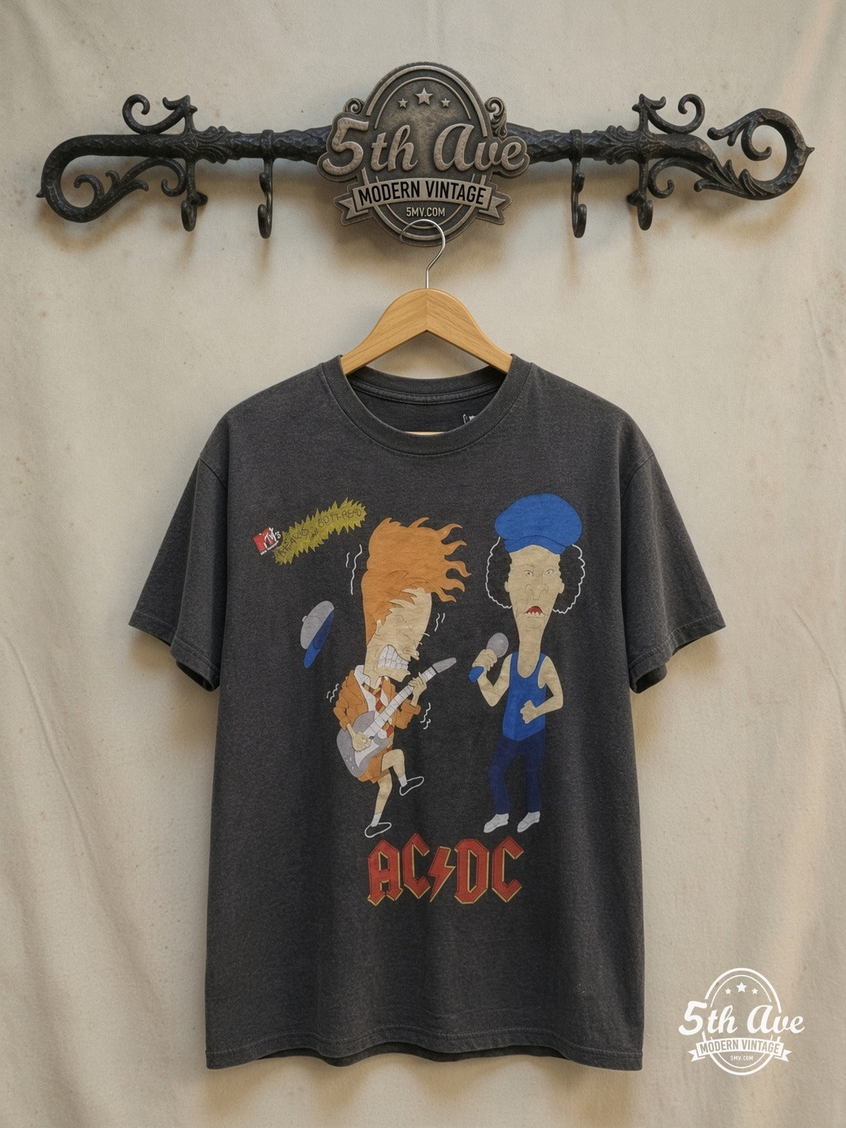 MTV AC/DC Beavis and Butthead Rock T-Shirt — front on locked cream ornate 5th Ave rack