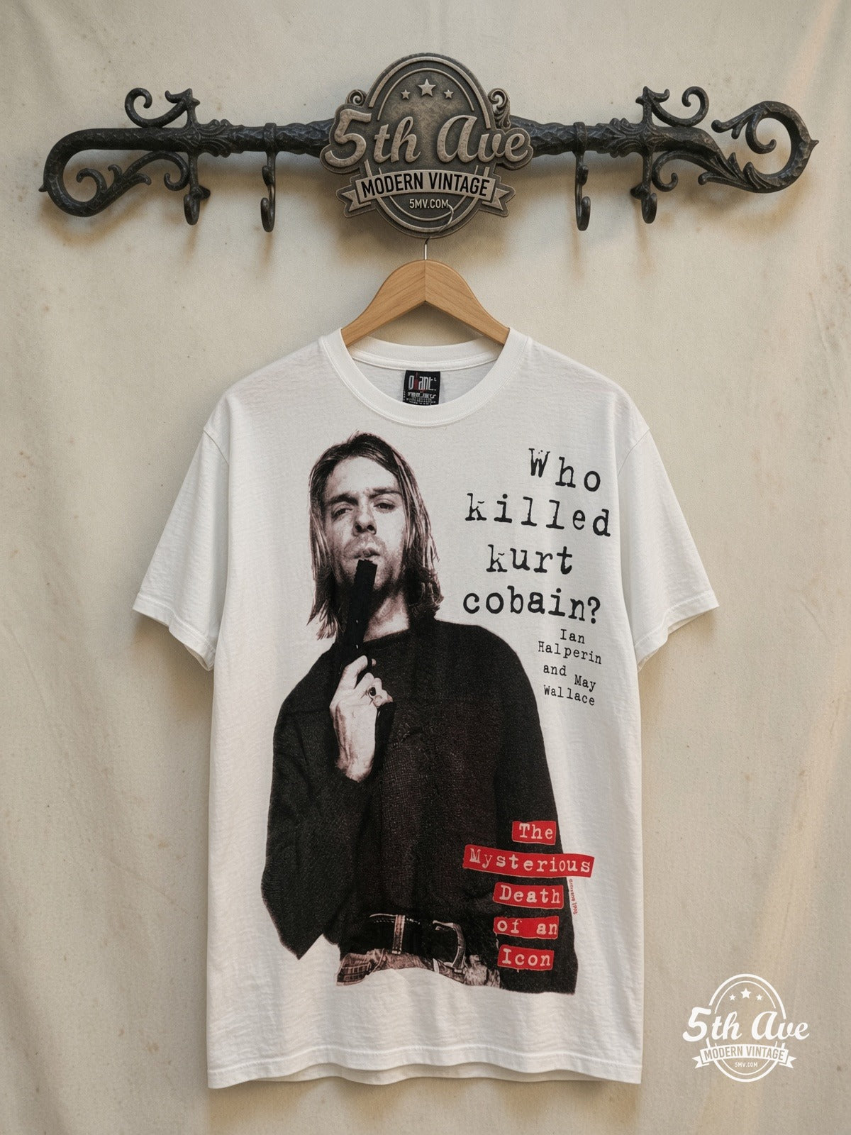 Nirvana – Who Killed Kurt Cobain? – All Over Print – Vintage Band T-Shirt — front on locked cream ornate 5th Ave rack