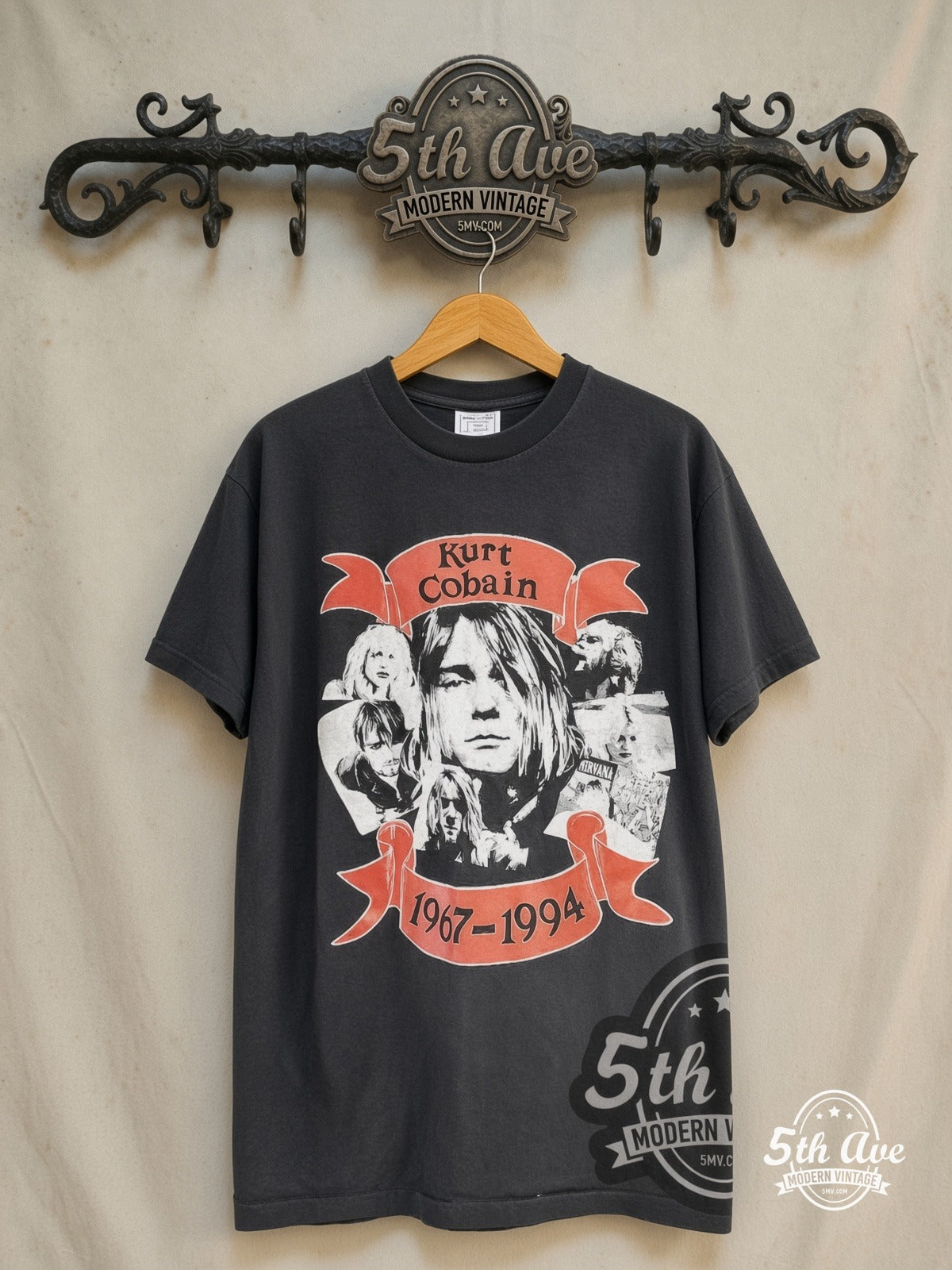 Nirvana – 1967–1994 – Vintage Band T-Shirt — front on locked cream ornate 5th Ave rack
