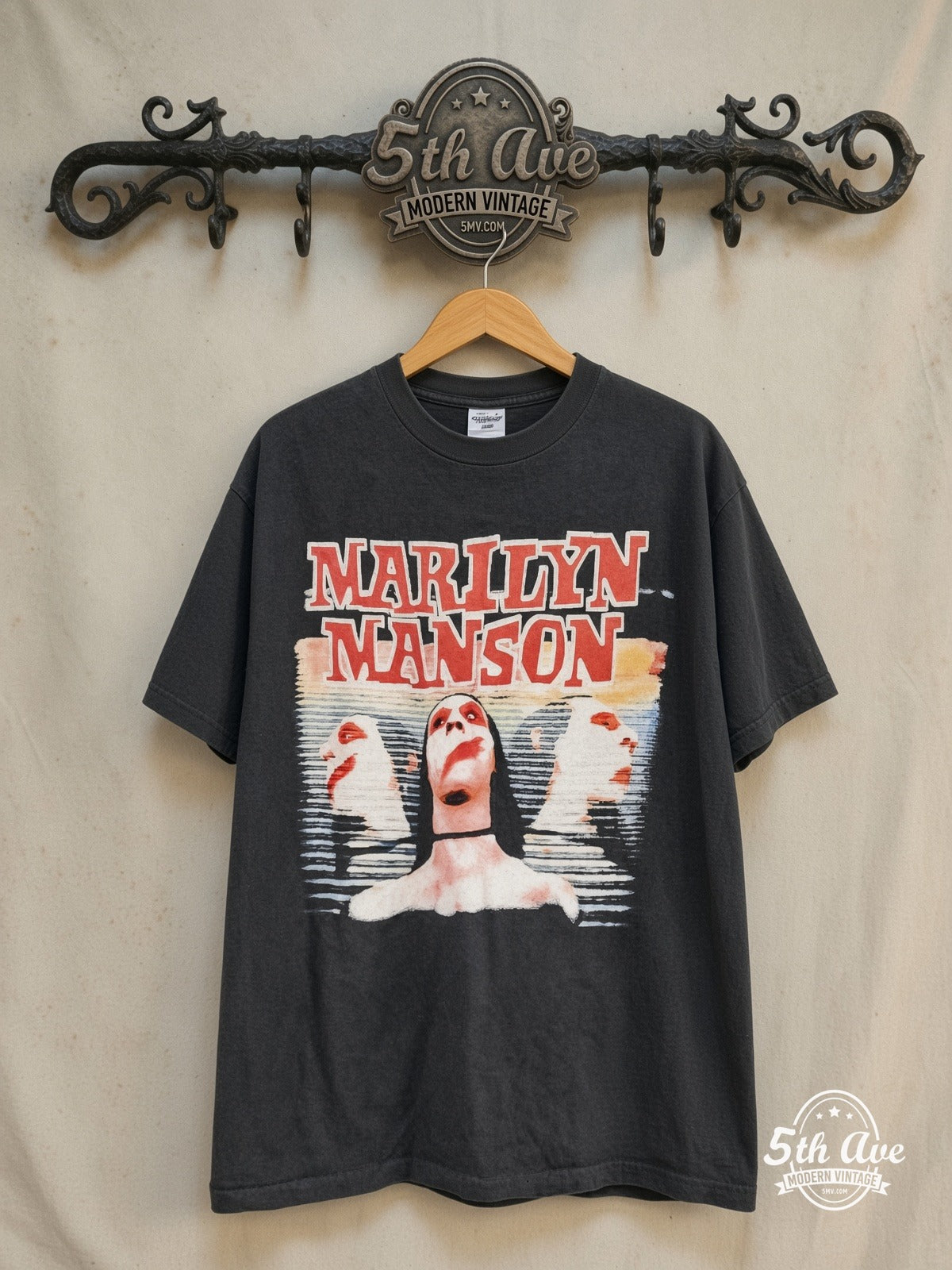 Marilyn Manson – Sweet Dreams – Vintage Band T-Shirt — front on locked cream ornate 5th Ave rack