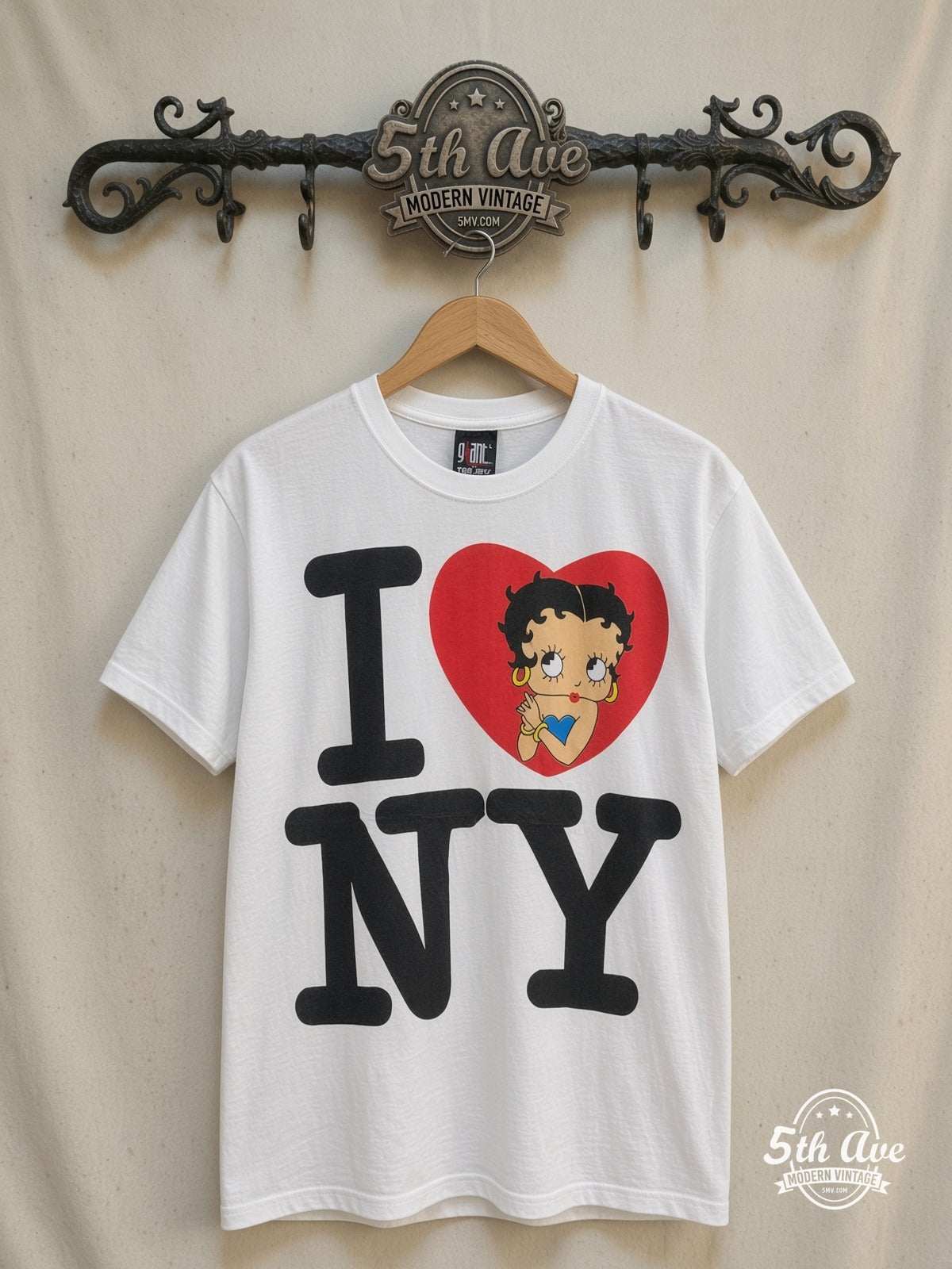 Betty Boop – I Love New York – New Vintage Graphic Tee — front on locked cream ornate 5th Ave rack