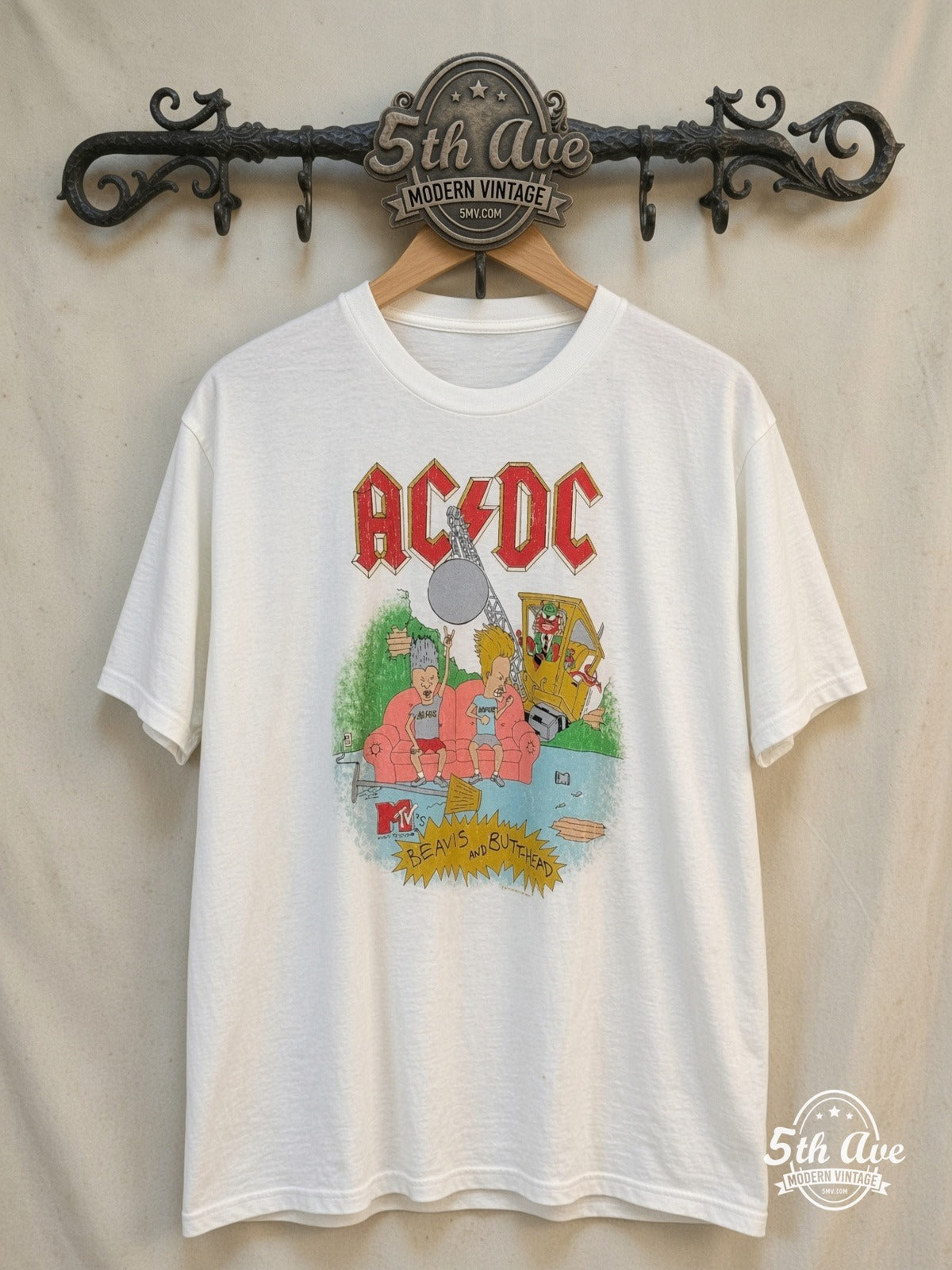 AC/DC – Beavis and Butt-Head – New Vintage Graphic Tee — front on locked cream ornate 5th Ave rack