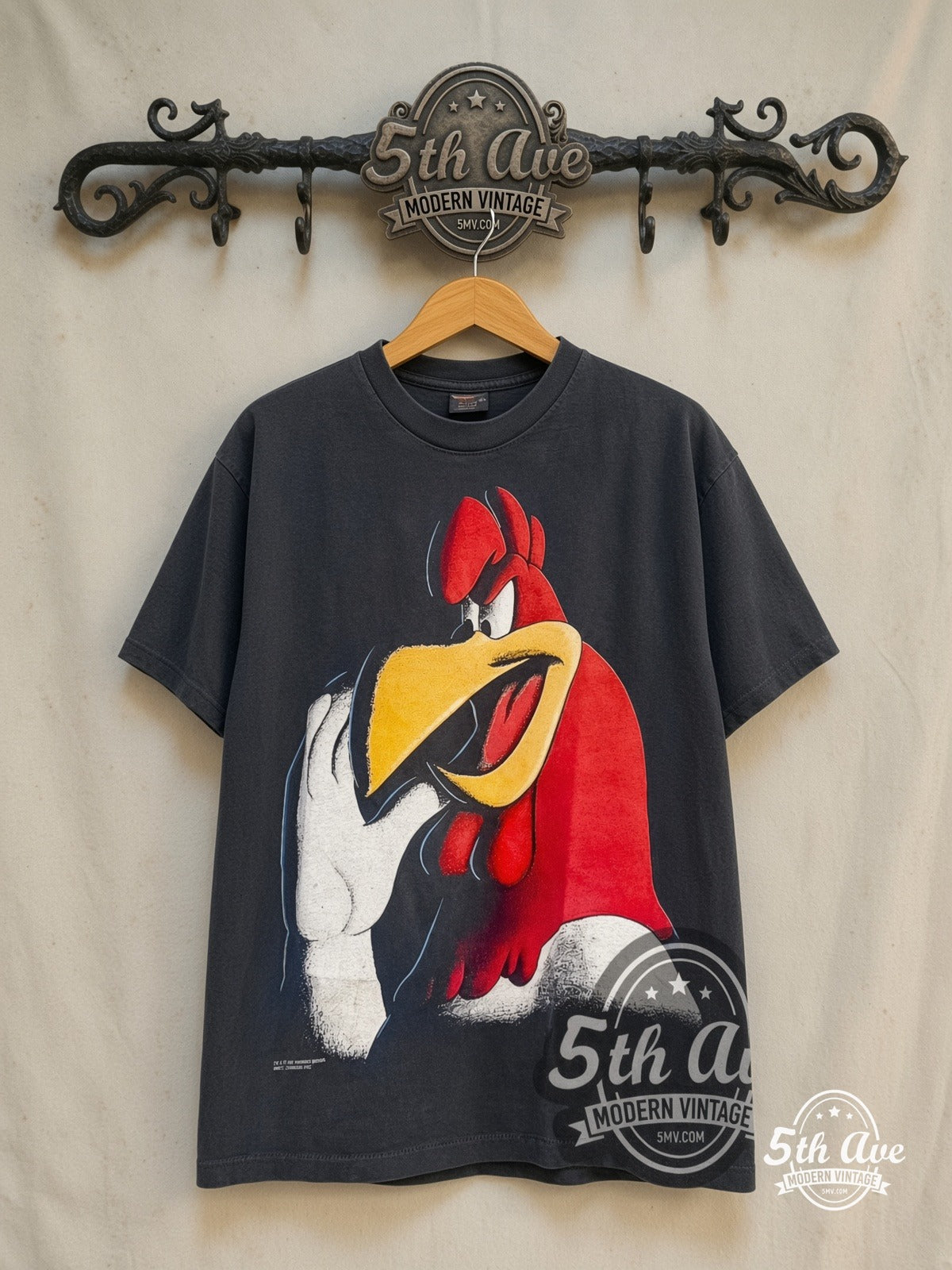 Looney Tunes – Foghorn Leghorn – New Vintage Graphic Tee — front on locked cream ornate 5th Ave rack