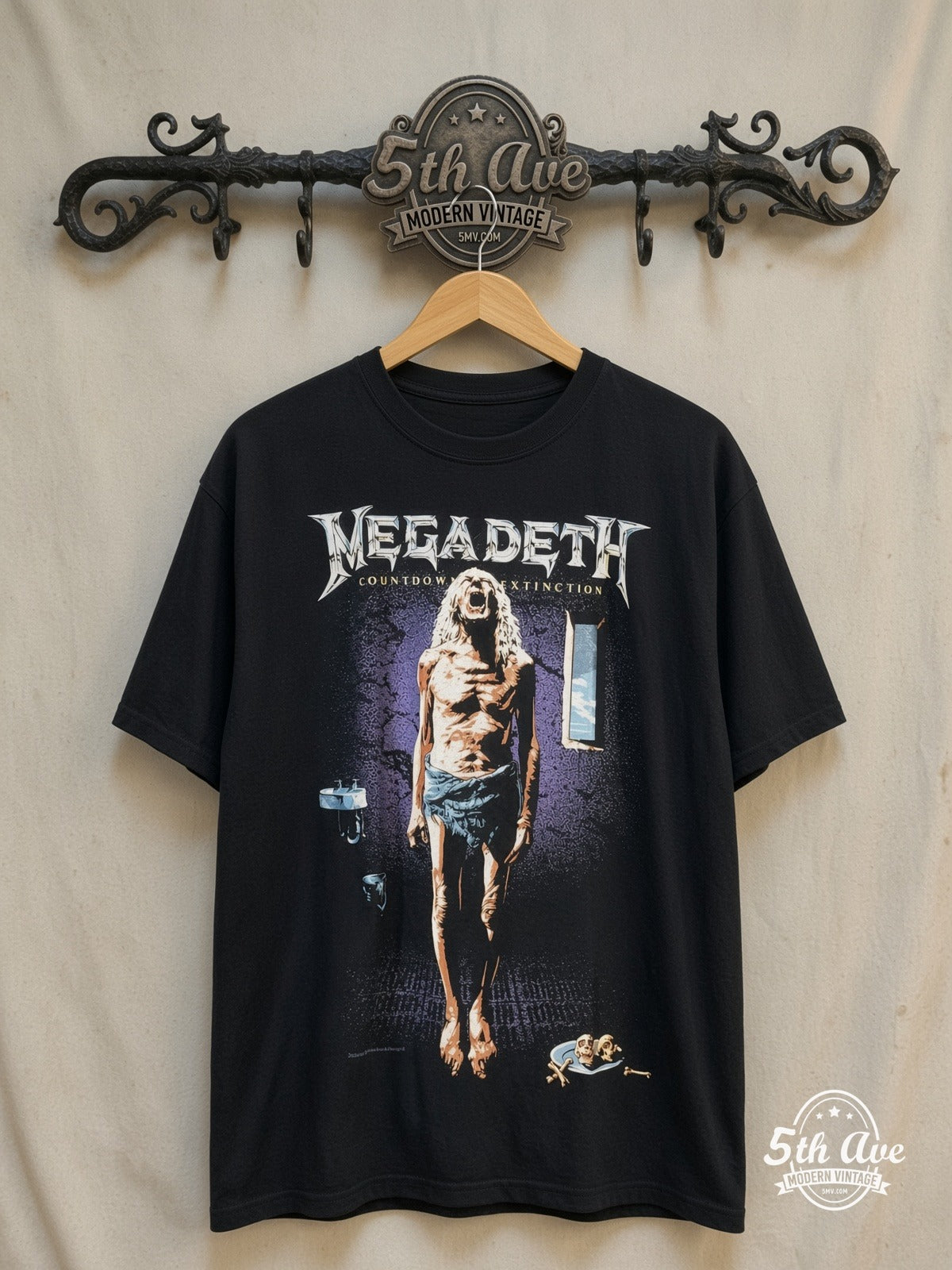 Megadeth – Countdown to Extinction – Vintage Band T-Shirt — front on locked cream ornate 5th Ave rack