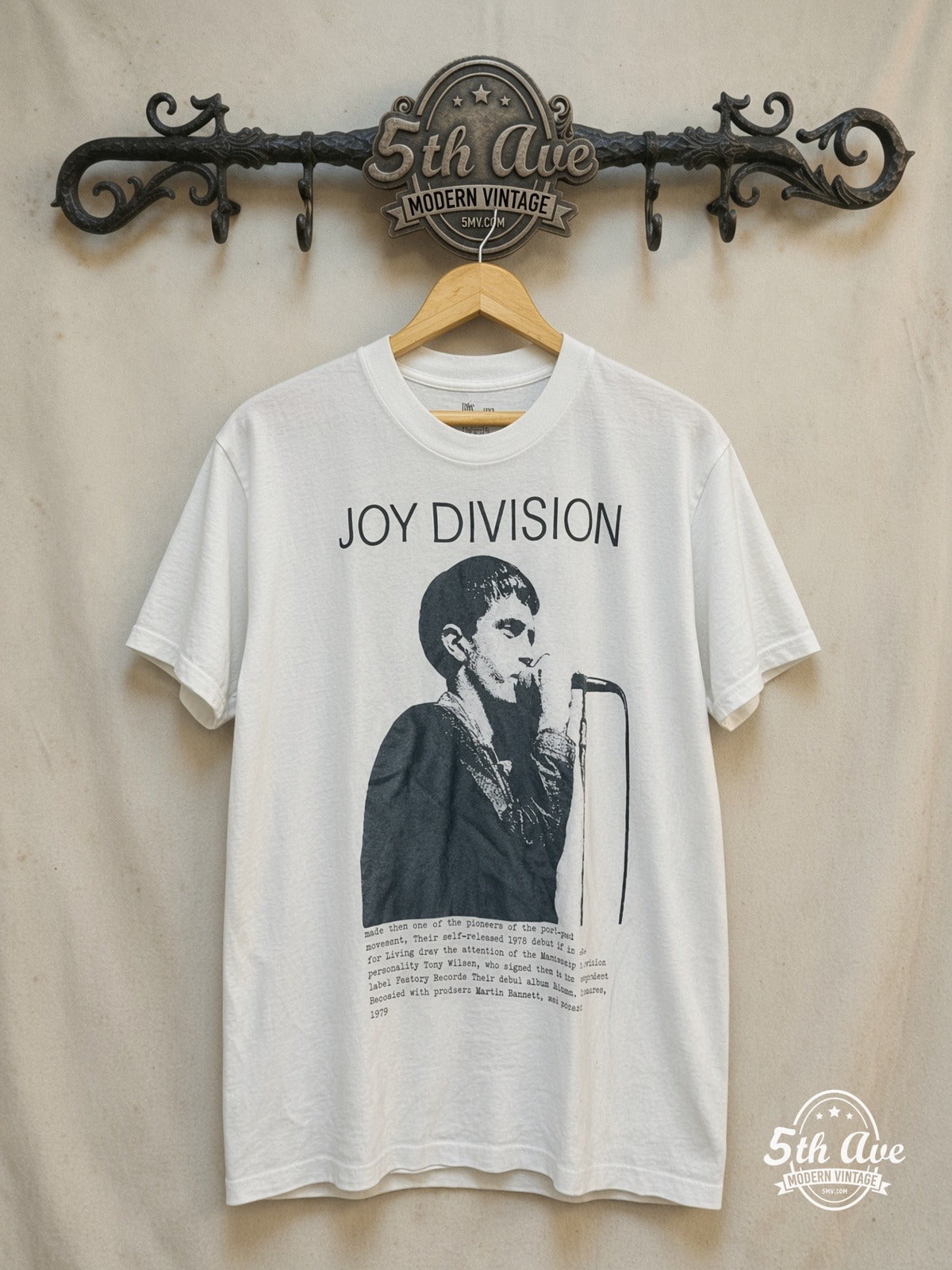 Joy Division – Vintage Band T-Shirt — front on locked cream ornate 5th Ave rack