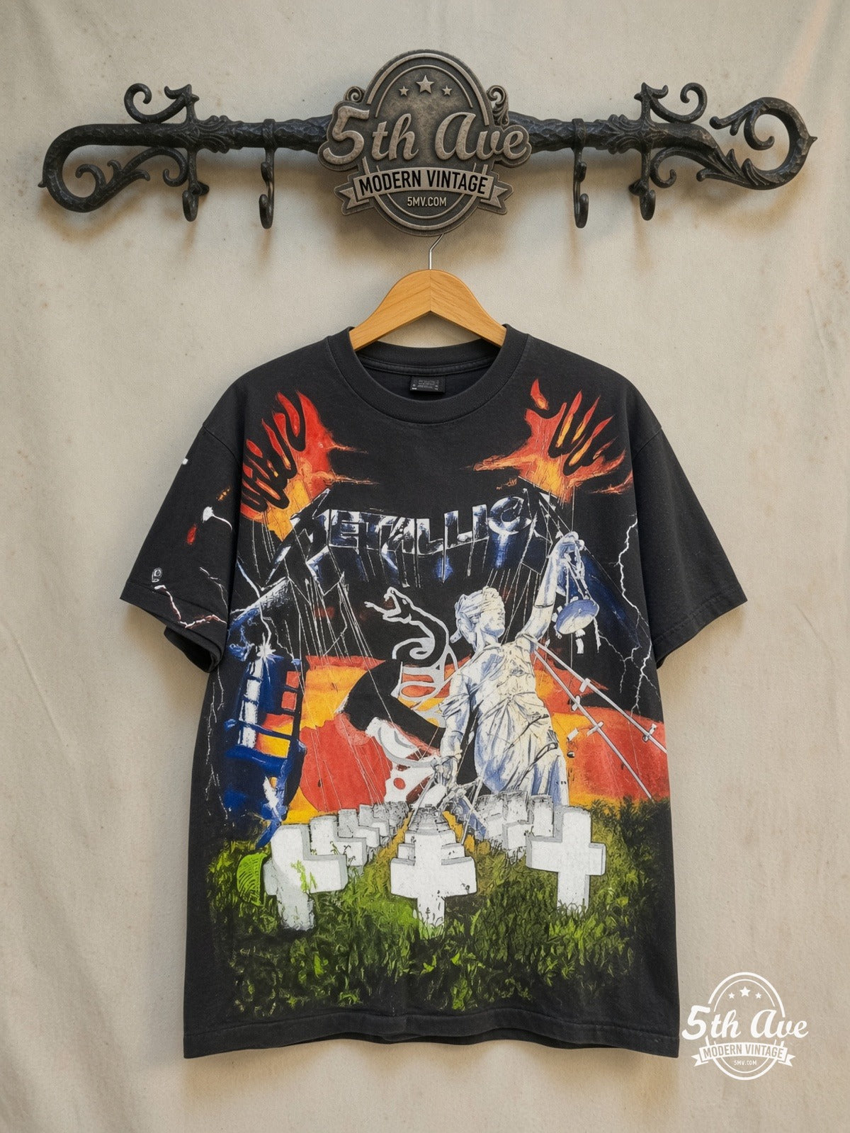 Metallica – ...And Justice for All All-Over Print – Vintage Band T-Shirt — front on locked cream ornate 5th Ave rack