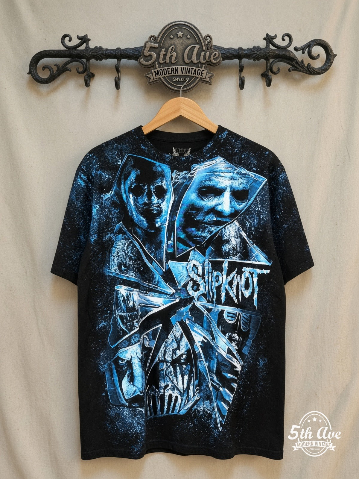 Slipknot – The Devil in I – All Over Print – Vintage Band T-Shirt — front on locked cream ornate 5th Ave rack