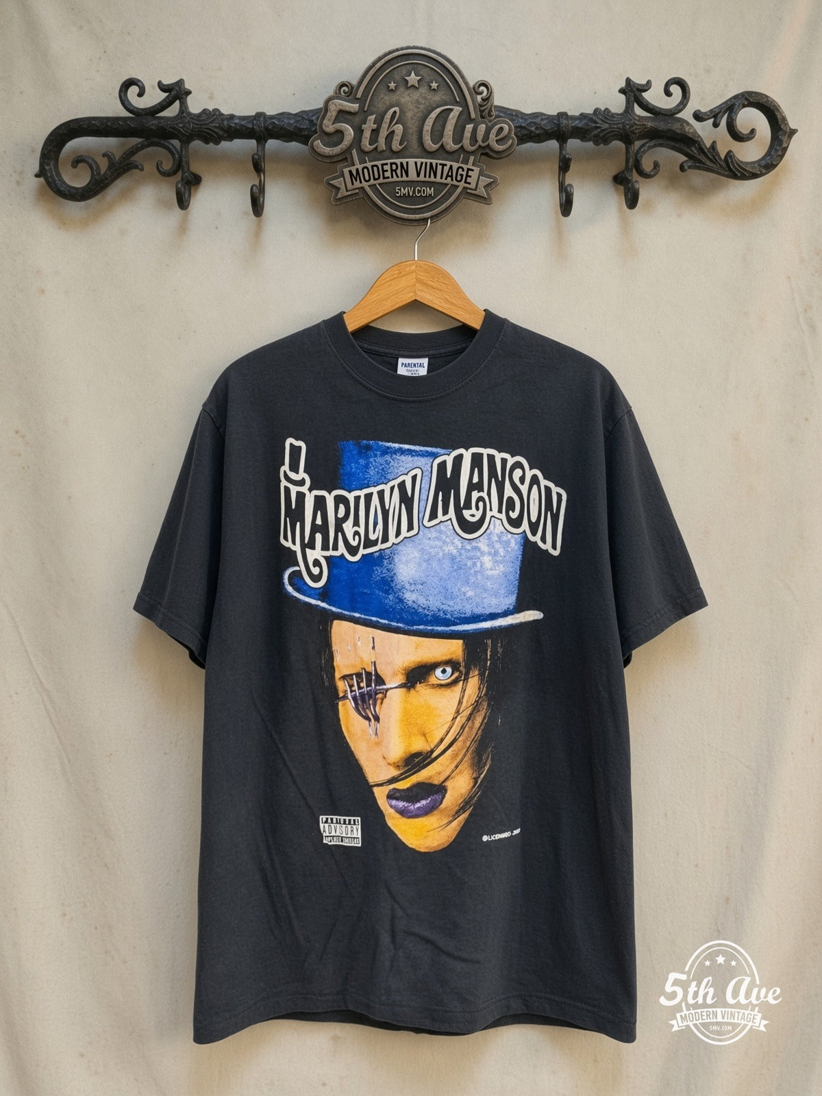 Marilyn Manson – Dope Hat – Vintage Band T-Shirt — front on locked cream ornate 5th Ave rack