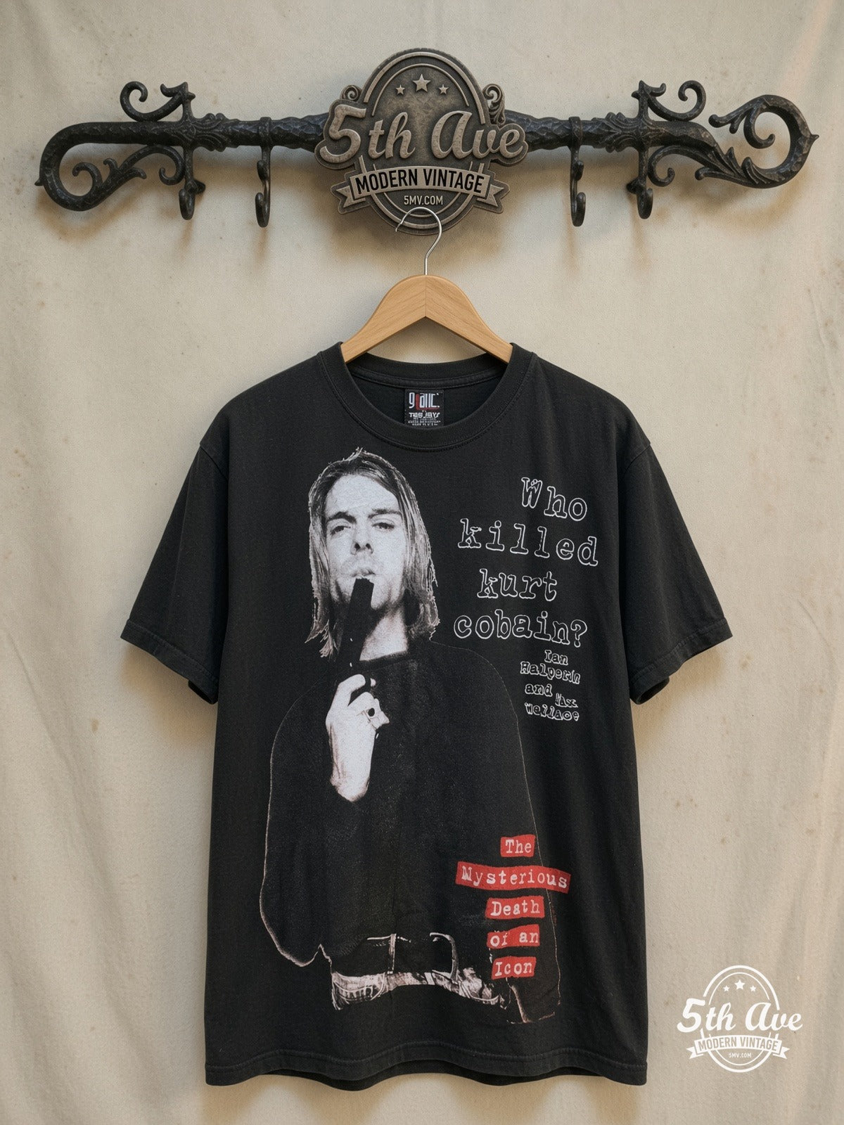 Kurt Cobain – Who Killed Kurt Cobain – Vintage Band T-Shirt — front on locked cream ornate 5th Ave rack