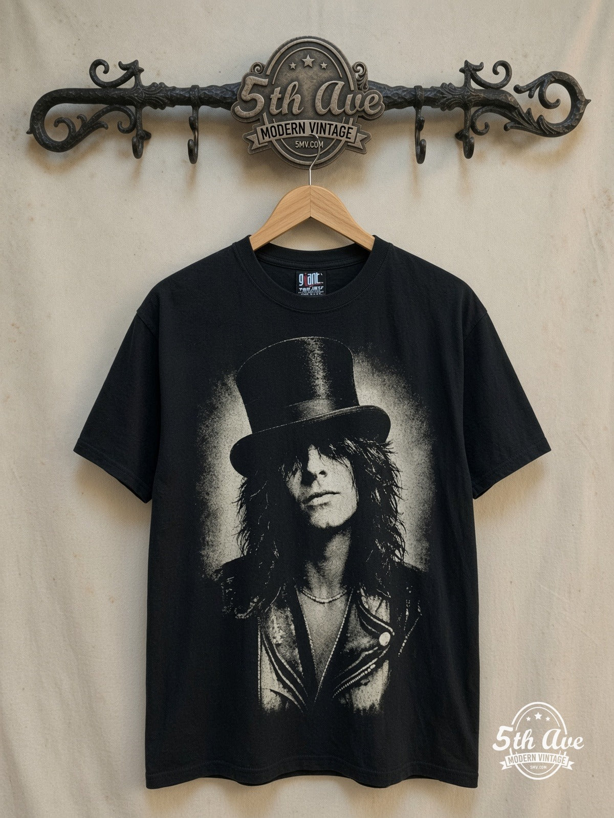 Slash – Slash – All Over Print – Vintage Band T-Shirt — front on locked cream ornate 5th Ave rack