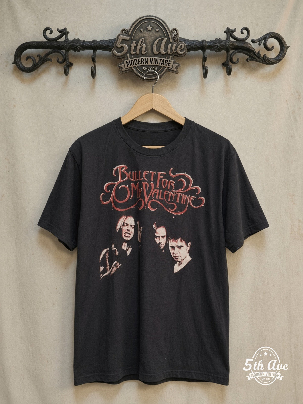 Bullet for My Valentine – Faded Elegance – Vintage Band T-Shirt — front on locked cream ornate 5th Ave rack