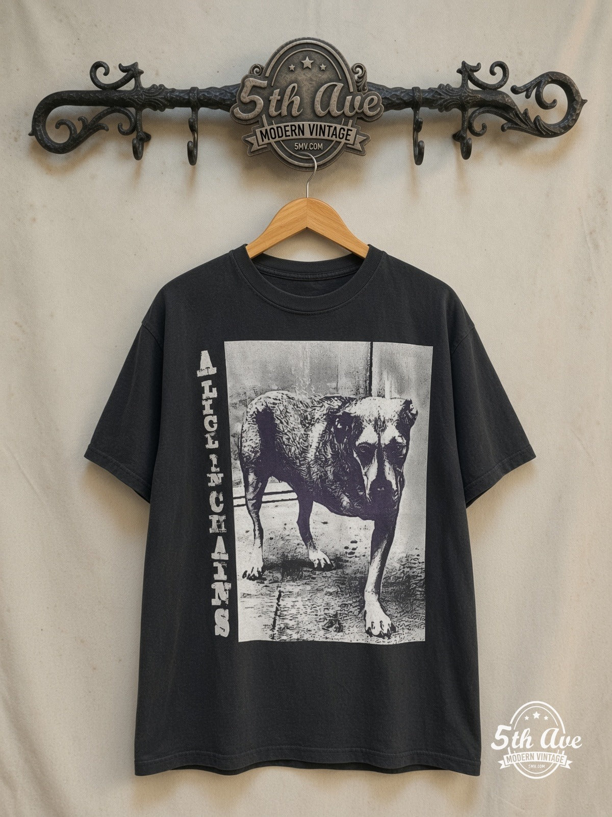 Alice in Chains – Grind / Sunshine the Three-Legged Dog – Vintage Band T-Shirt — front on locked cream ornate 5th Ave rack