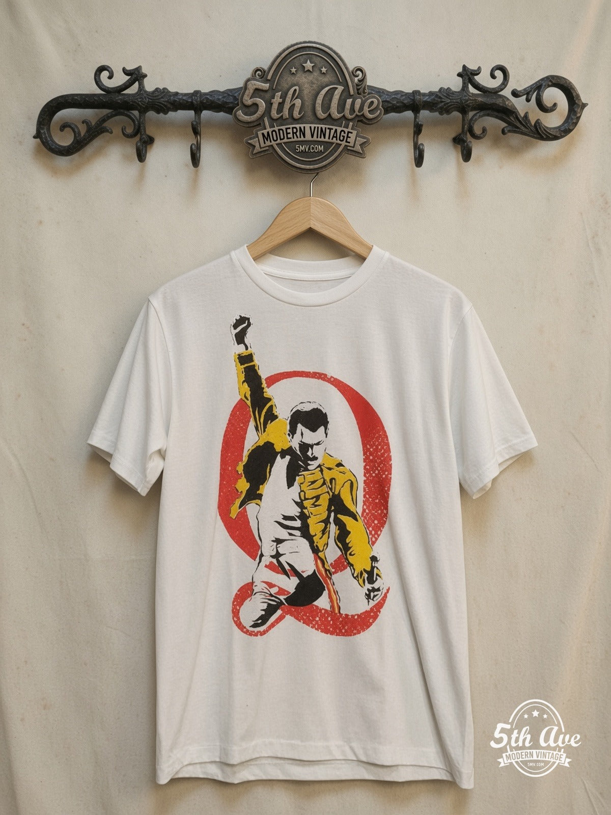 Queen – Freddie Mercury – Vintage Band T-Shirt — front on locked cream ornate 5th Ave rack