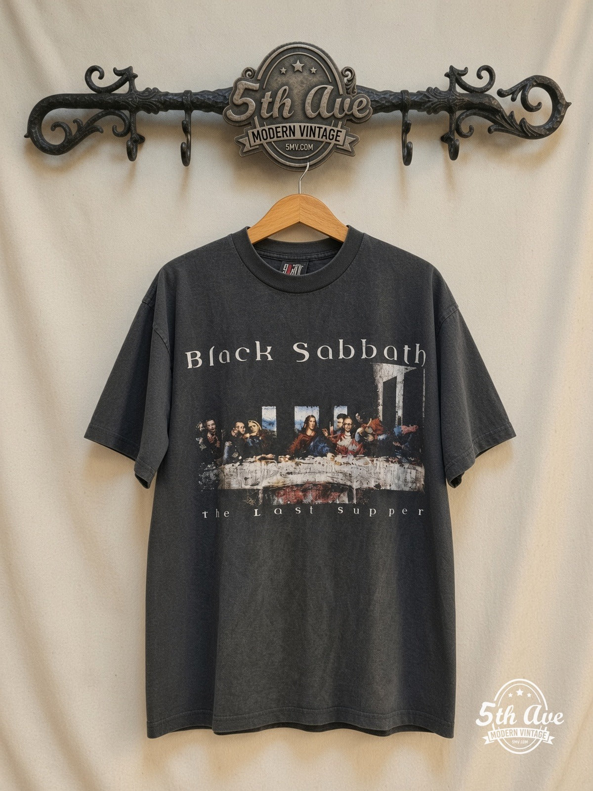 Black Sabbath – The Last Supper 1992 – Vintage Band T-Shirt — front on locked cream ornate 5th Ave rack