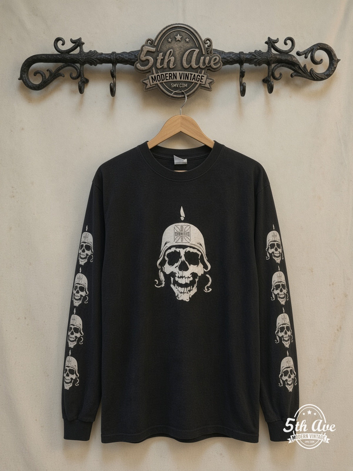 West Coast Choppers Stahlhelm Skull Iron Cross long sleeve t-shirt, front view on a display rack