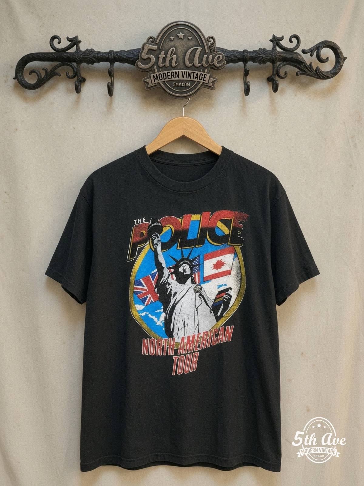 The Police – North American Tour 1983 – Vintage Band T-Shirt — front on locked cream ornate 5th Ave rack