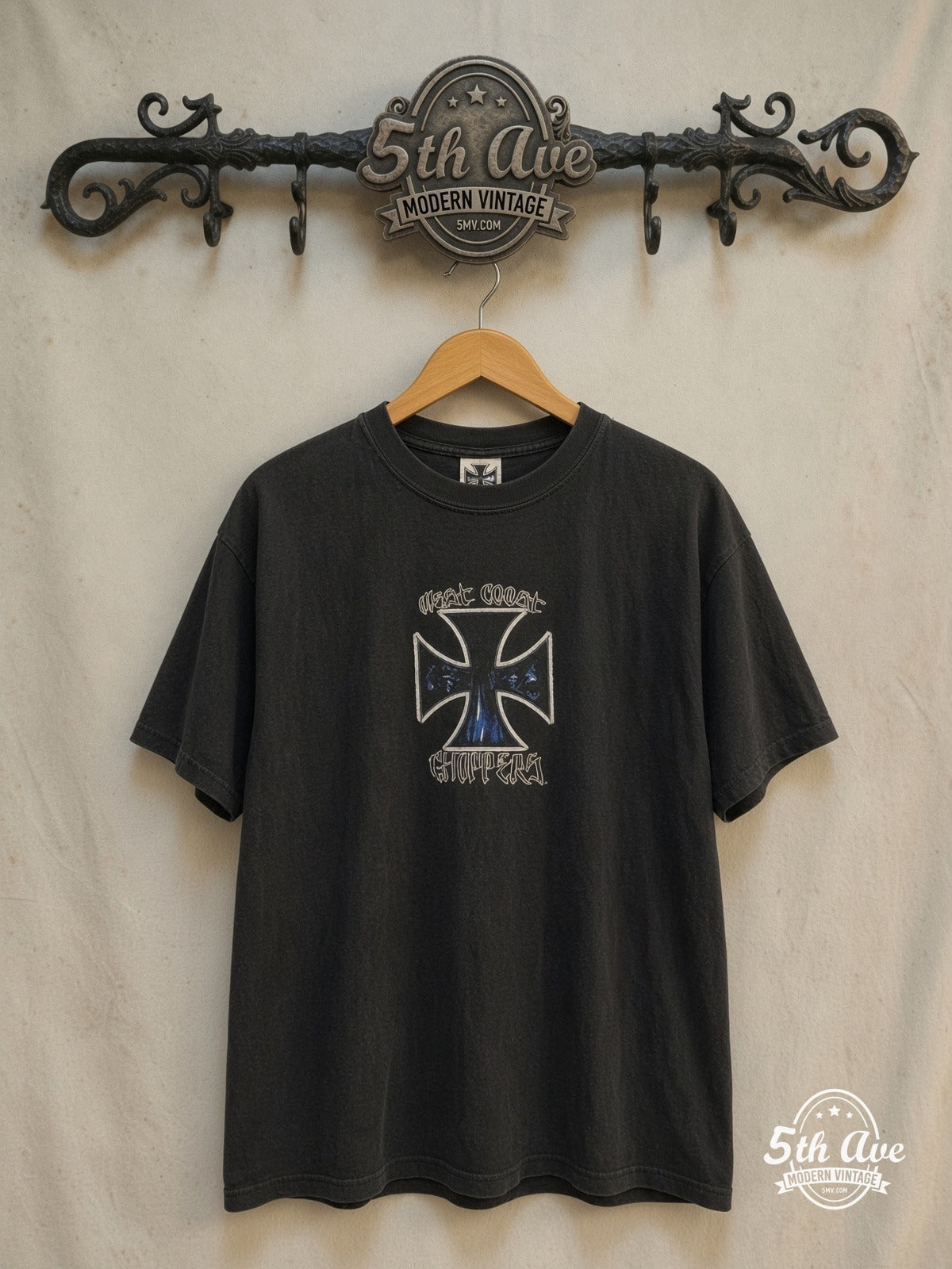 West Coast Choppers – Blue Flame Cross Chopper Back – Long Sleeve T-Shirt — front on locked cream ornate 5th Ave rack