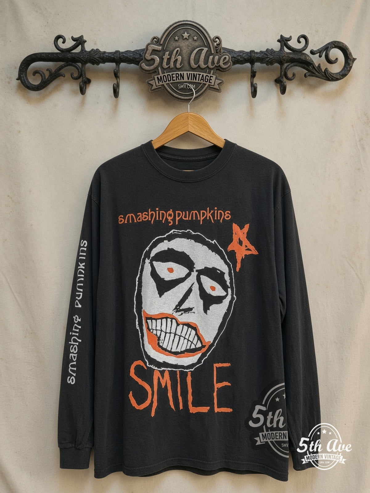 The Smashing Pumpkins – Smile – Vintage Band T-Shirt — front on locked cream ornate 5th Ave rack
