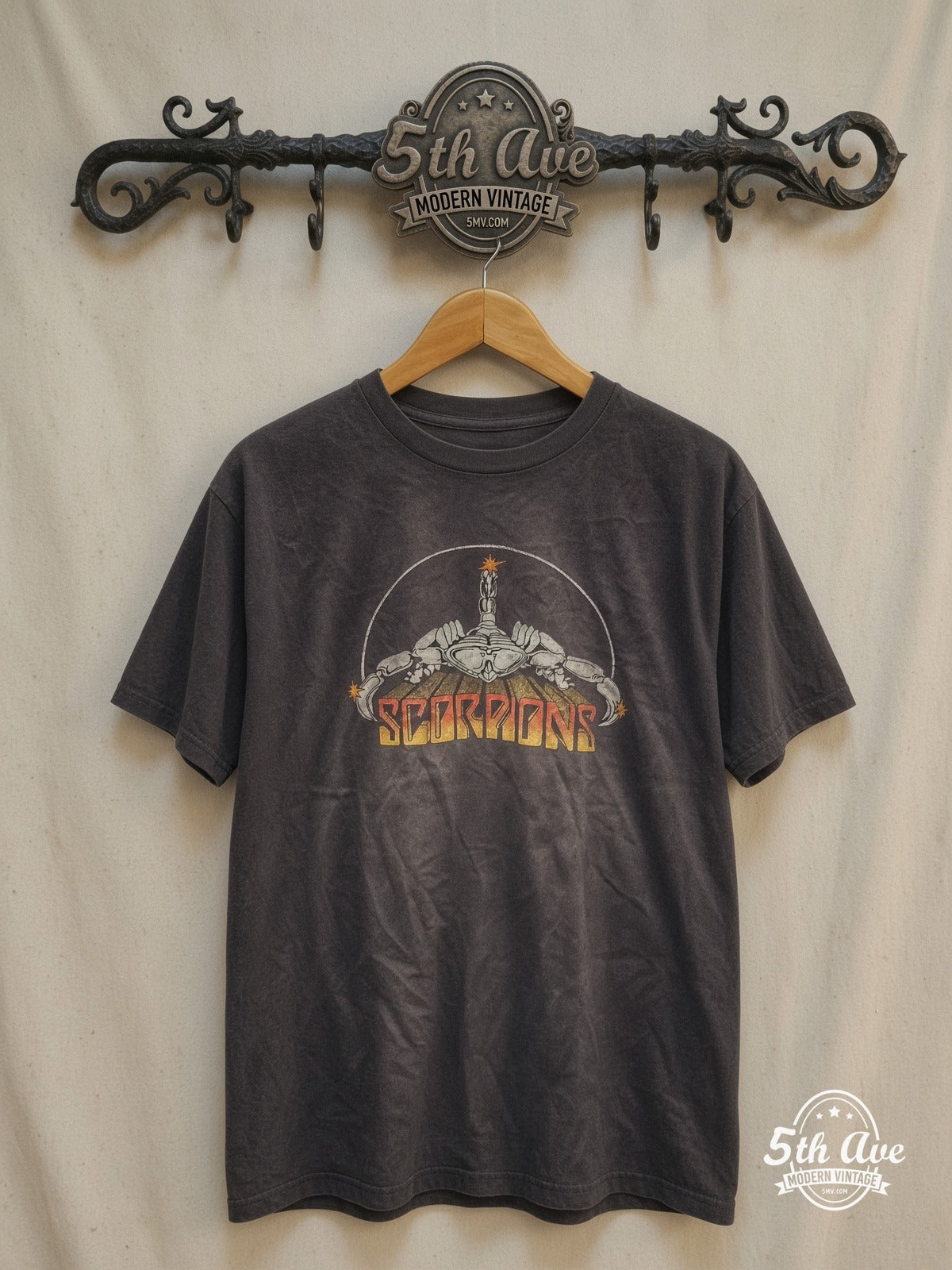 Scorpions – Vintage Band T-Shirt — front on locked cream ornate 5th Ave rack