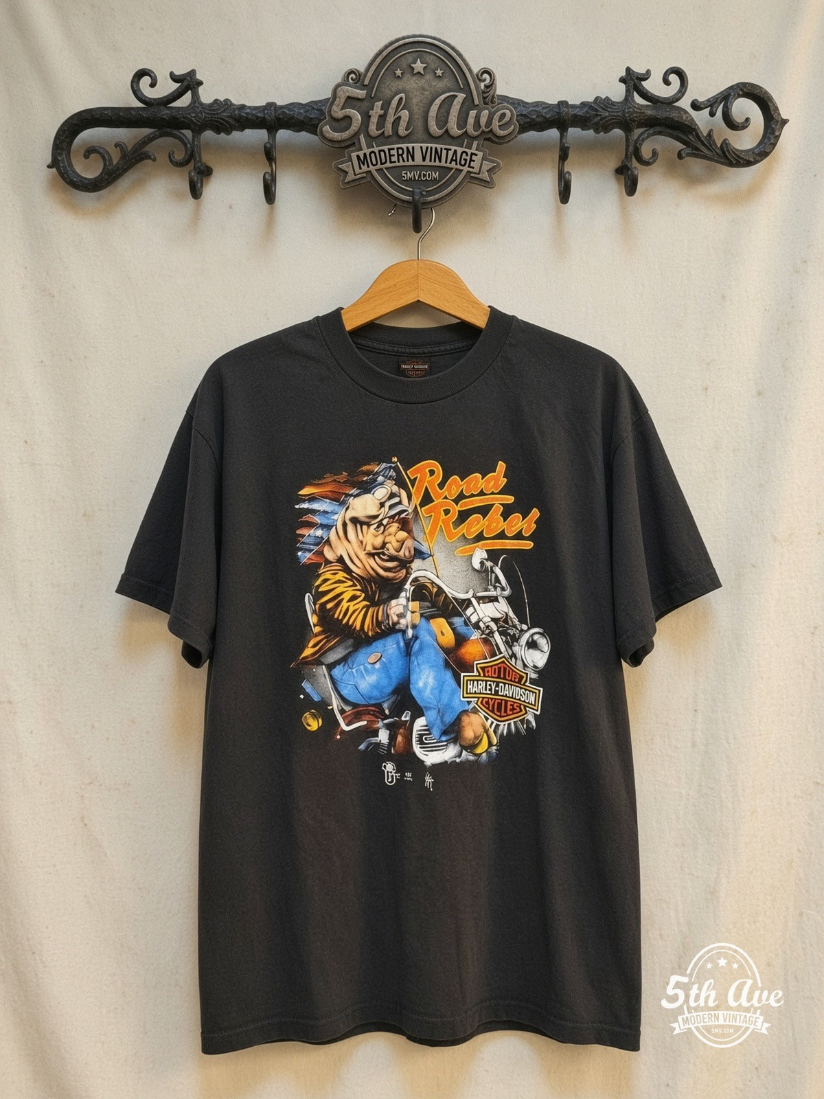 Harley-Davidson – Road Rebel So. Nevada – Vintage Graphic Tee — front on locked cream ornate 5th Ave rack