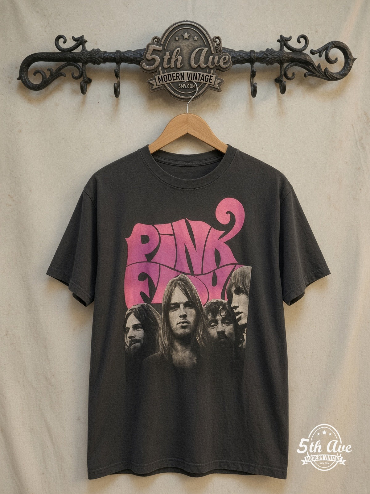Pink Floyd – 100% Cotton New Vintage Band T-Shirt – Vintage Band T-Shirt — front on locked cream ornate 5th Ave rack