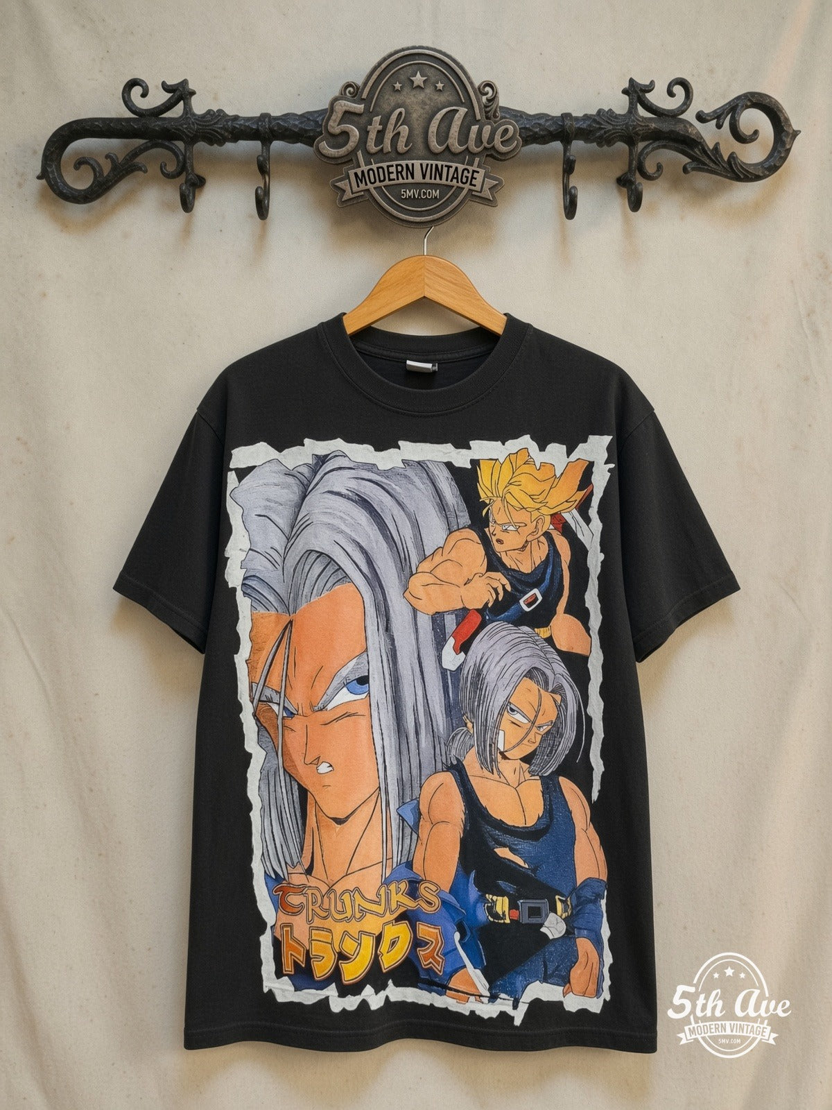 Dragon Ball Z – Future Trunks – All Over Print – New Vintage Anime Tee — front on locked cream ornate 5th Ave rack