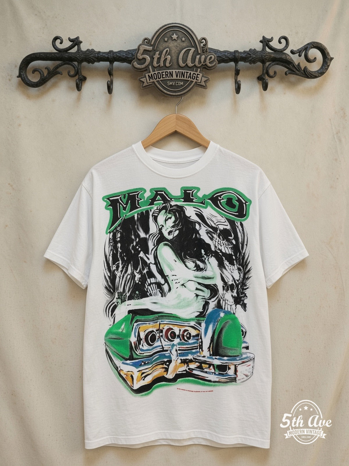 Malo – Malo Lowrider – Vintage Graphic Tee — front on locked cream ornate 5th Ave rack