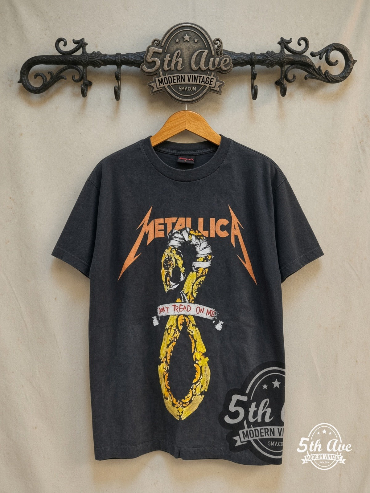 Metallica – Don't Tread On Me 1992 Tour – Vintage Band T-Shirt — front on locked cream ornate 5th Ave rack