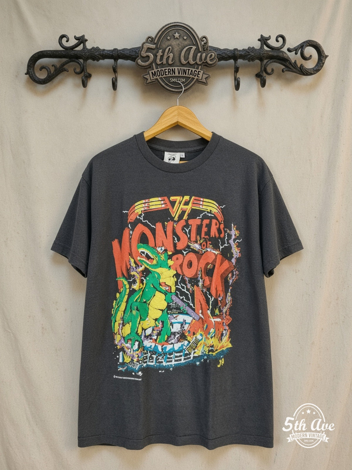Monsters of Rock – Rock God Graphic – Vintage Band T-Shirt — front on locked cream ornate 5th Ave rack
