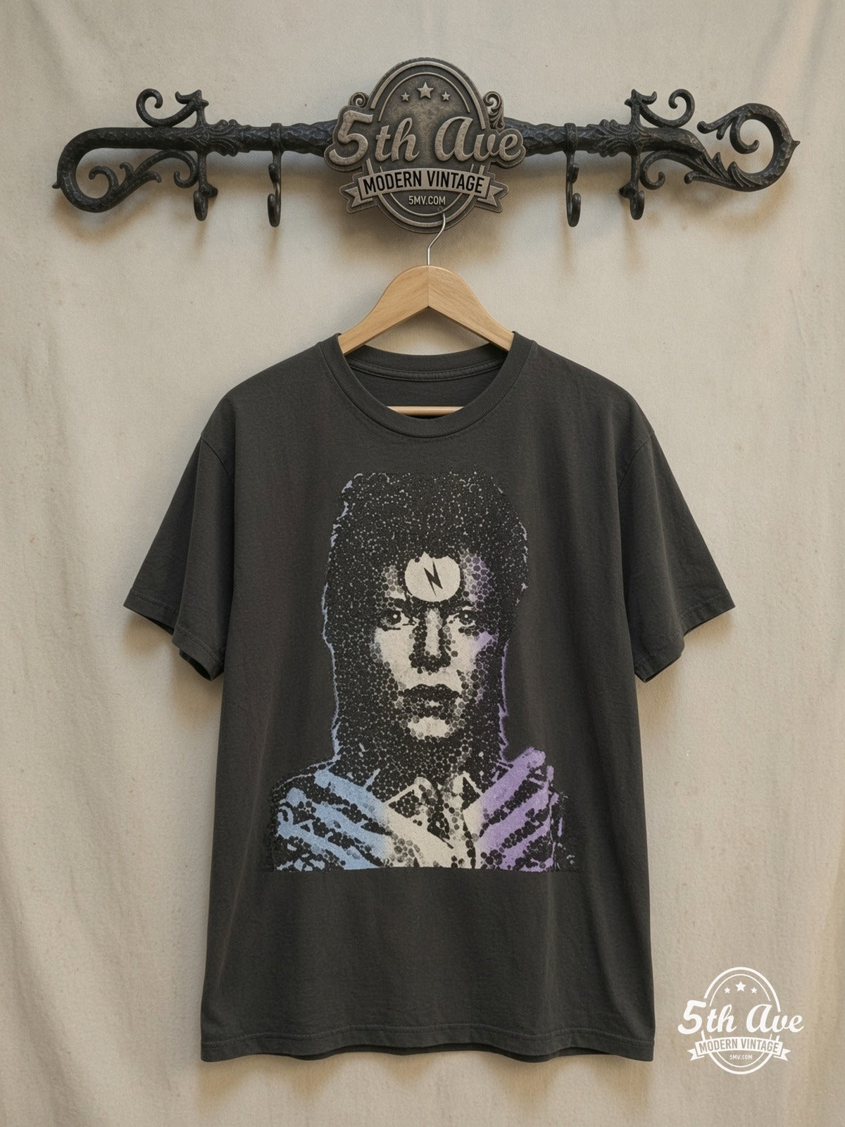 David Bowie – Enigmatic Resonance Portrait – Vintage Band T-Shirt — front on locked cream ornate 5th Ave rack