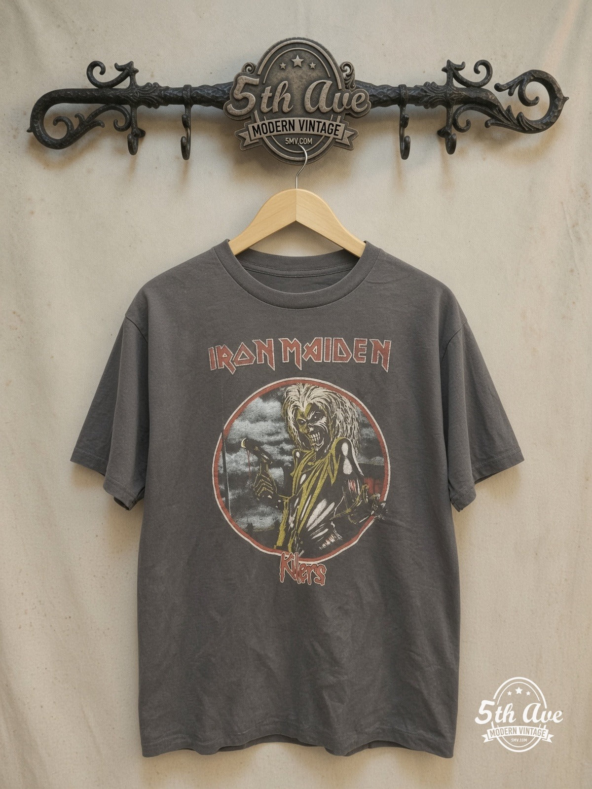 Iron Maiden – Killers Circular Eddie Hatchet – Vintage Band T-Shirt — front on locked cream ornate 5th Ave rack