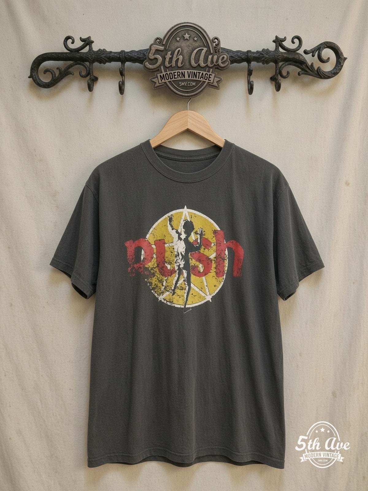 RUSH 100% Cotton New Vintage Band T-Shirt – Vintage Band T-Shirt — front on locked cream ornate 5th Ave rack